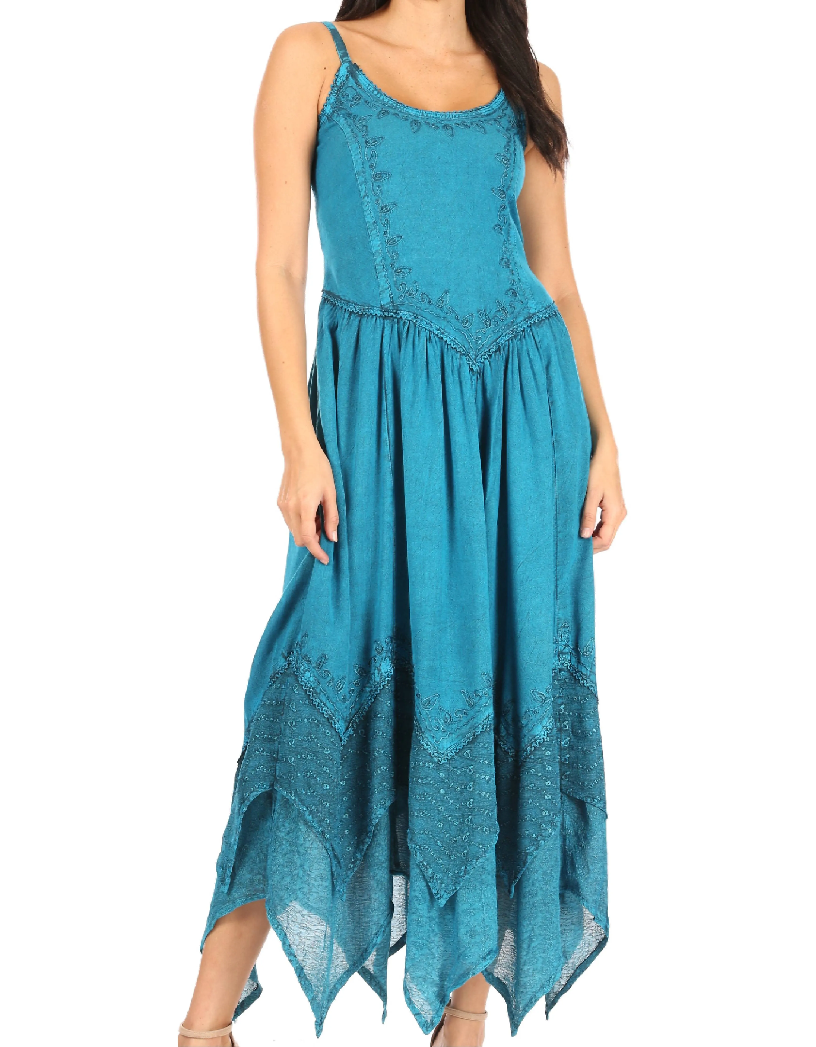 Sakkas Rayon Embroidered Stonewashed Adjustable Spaghetti Straps Long Dress