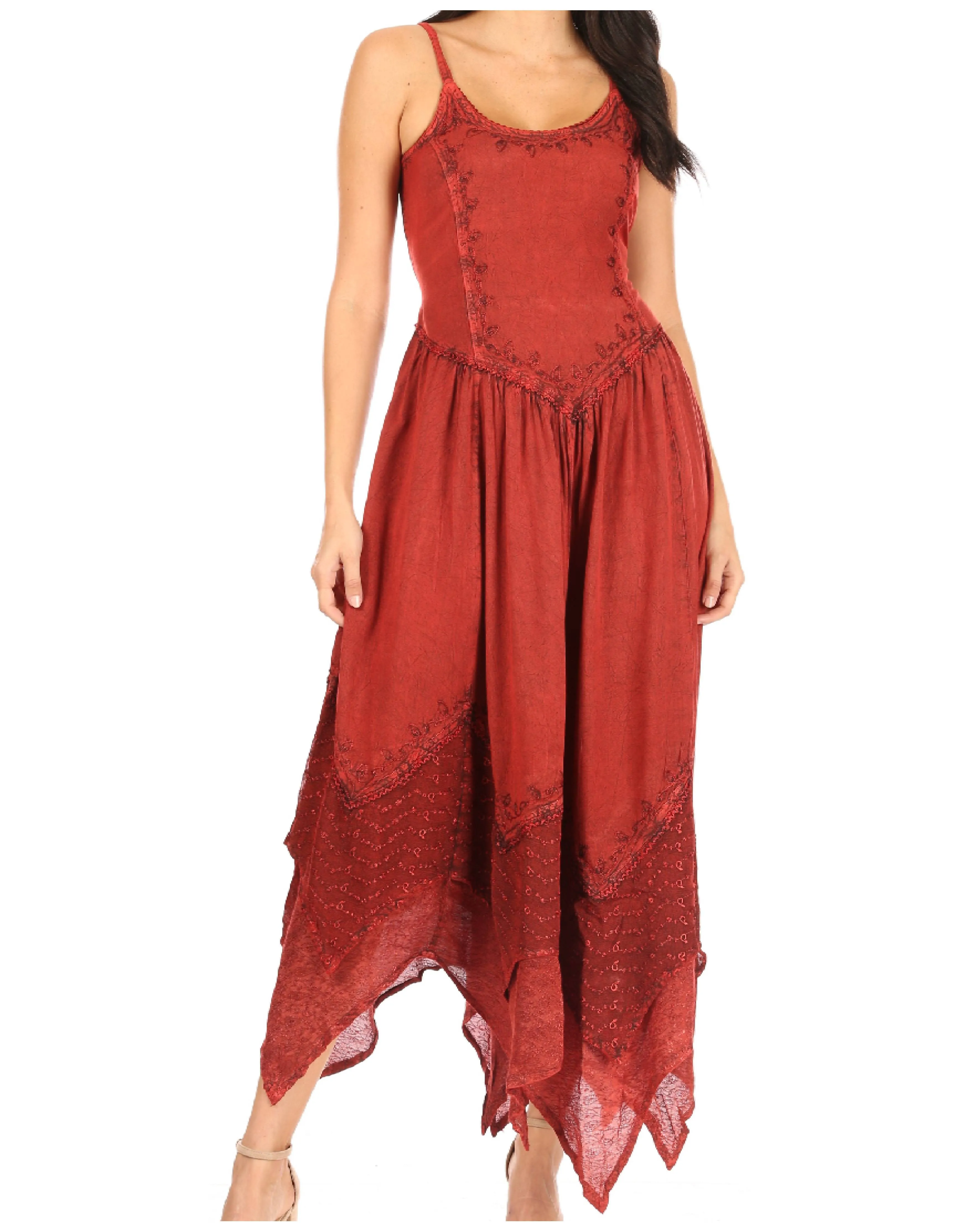 Sakkas Rayon Embroidered Stonewashed Adjustable Spaghetti Straps Long Dress