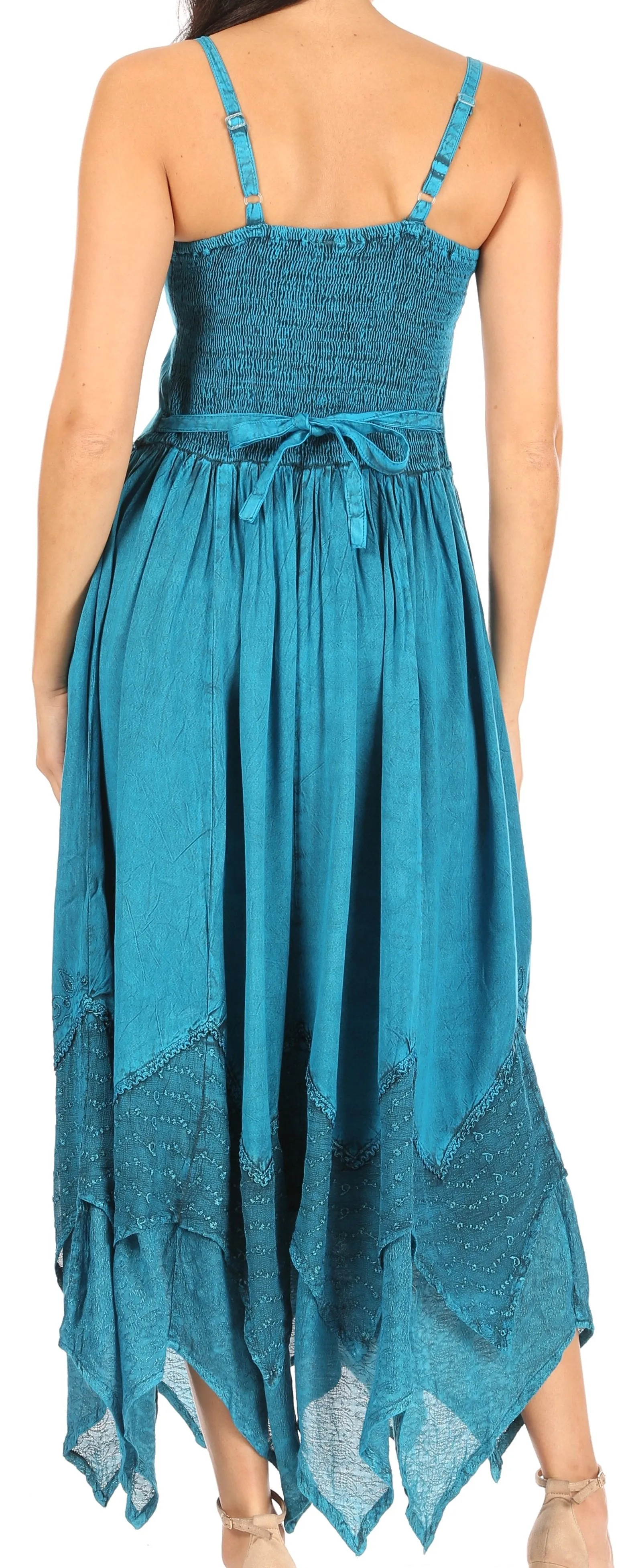 Sakkas Rayon Embroidered Stonewashed Adjustable Spaghetti Straps Long Dress