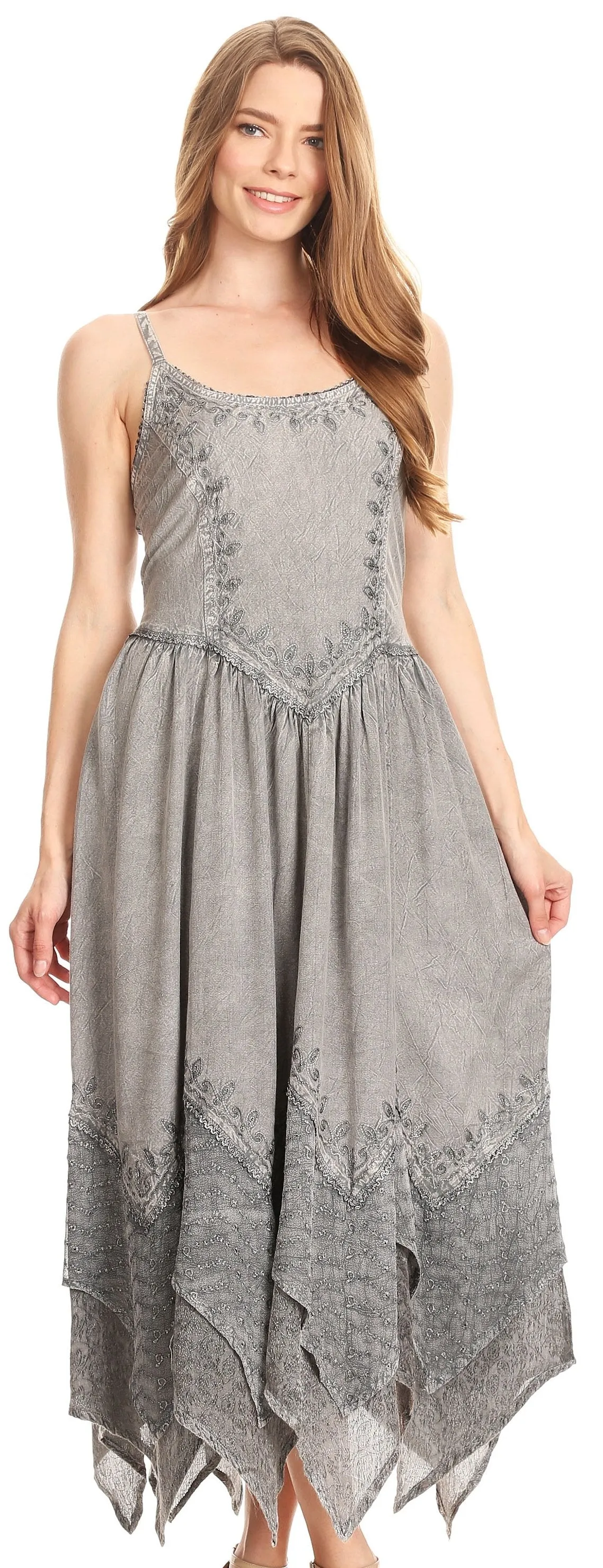 Sakkas Rayon Embroidered Stonewashed Adjustable Spaghetti Straps Long Dress