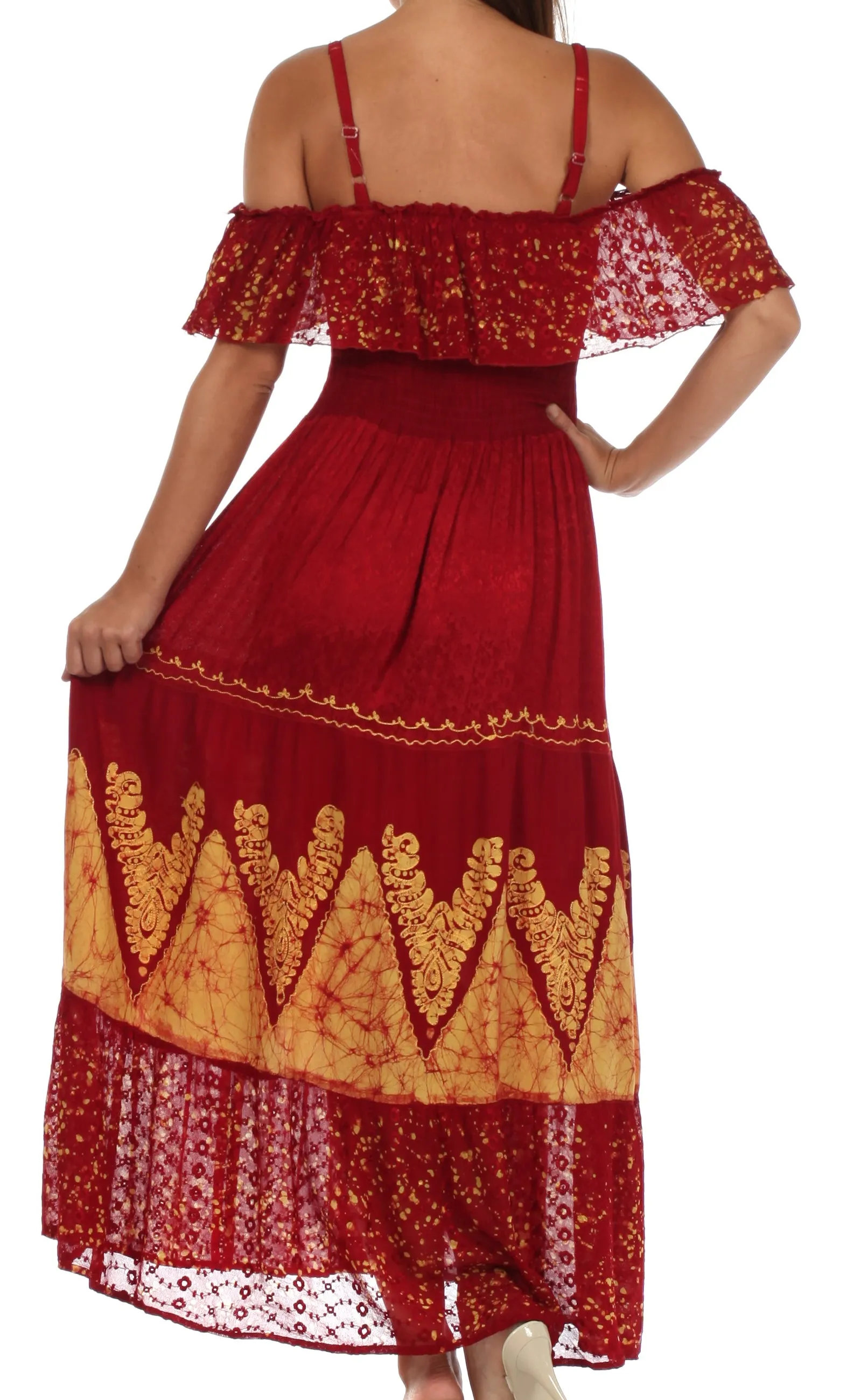 Sakkas Tiva Batik Embroidered Jacquard Off Shoulder Peasant Dress