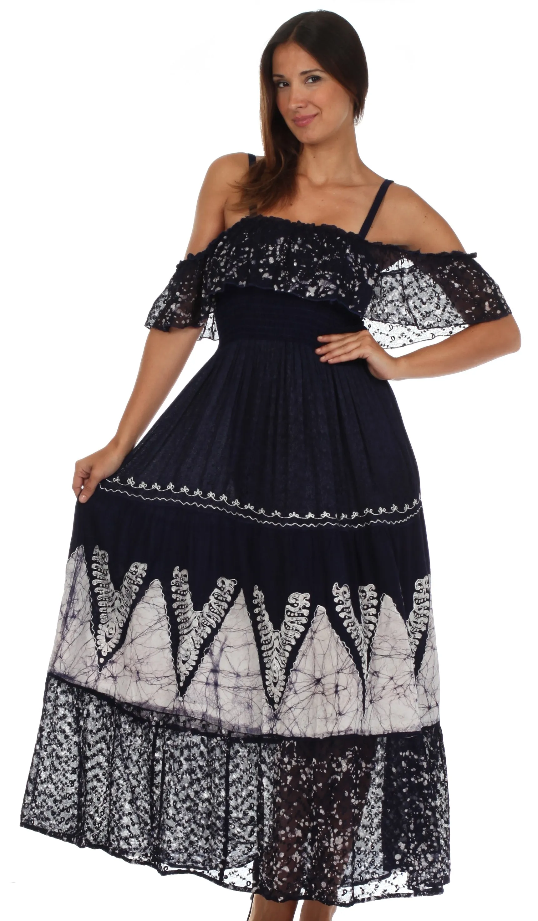 Sakkas Tiva Batik Embroidered Jacquard Off Shoulder Peasant Dress