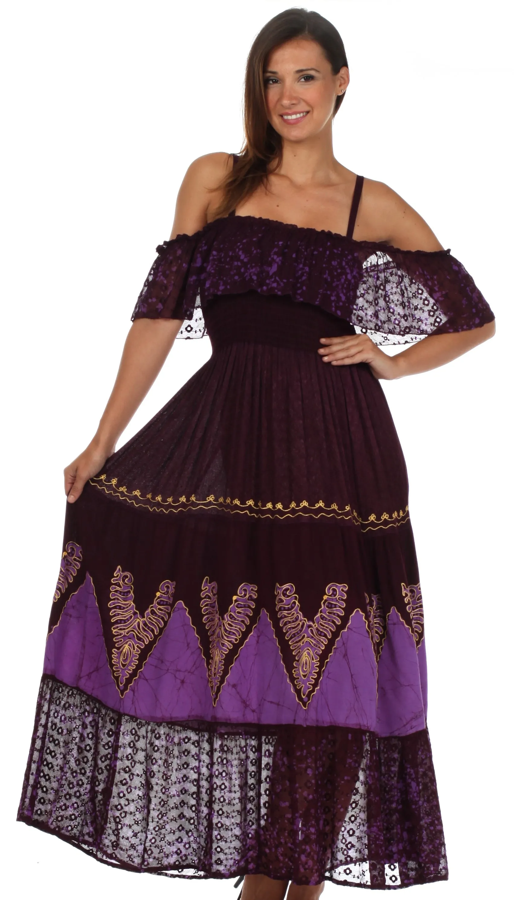 Sakkas Tiva Batik Embroidered Jacquard Off Shoulder Peasant Dress