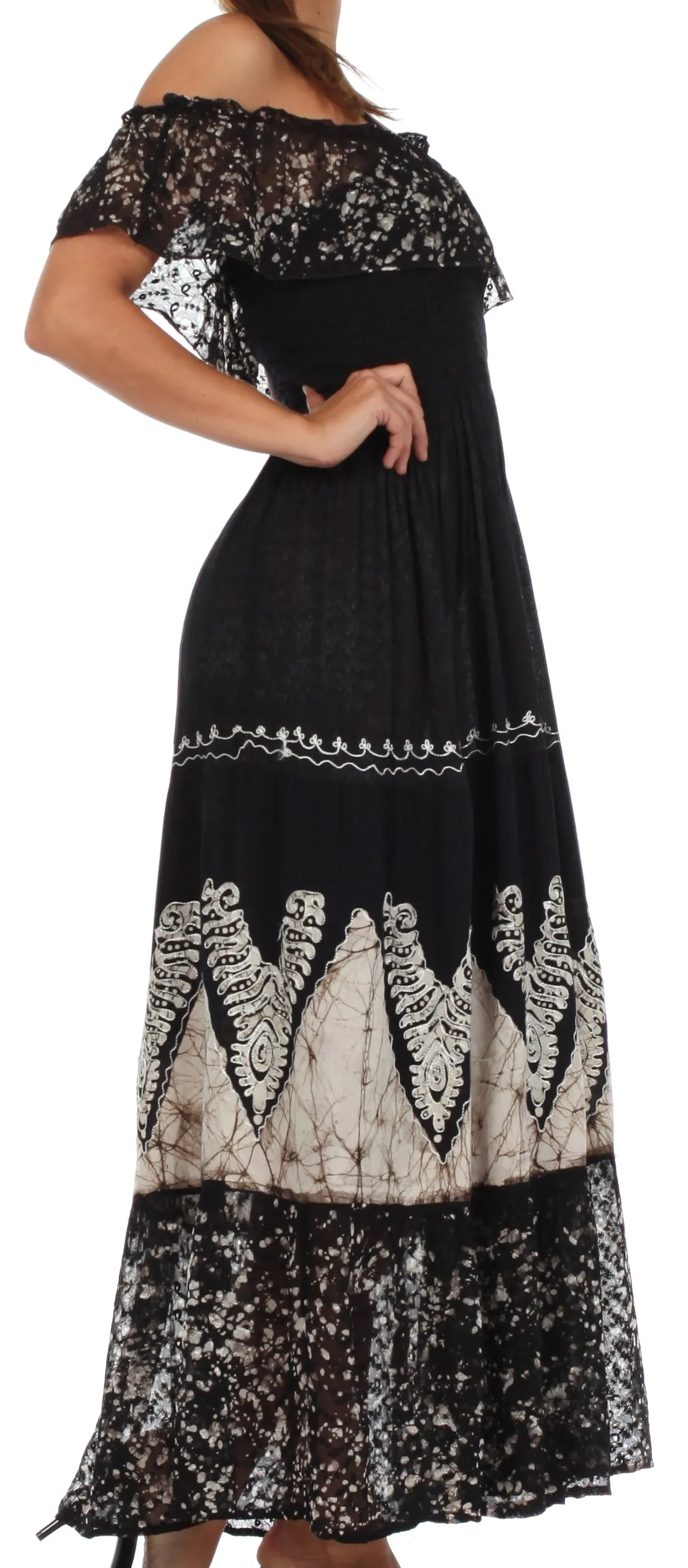 Sakkas Tiva Batik Embroidered Jacquard Off Shoulder Peasant Dress