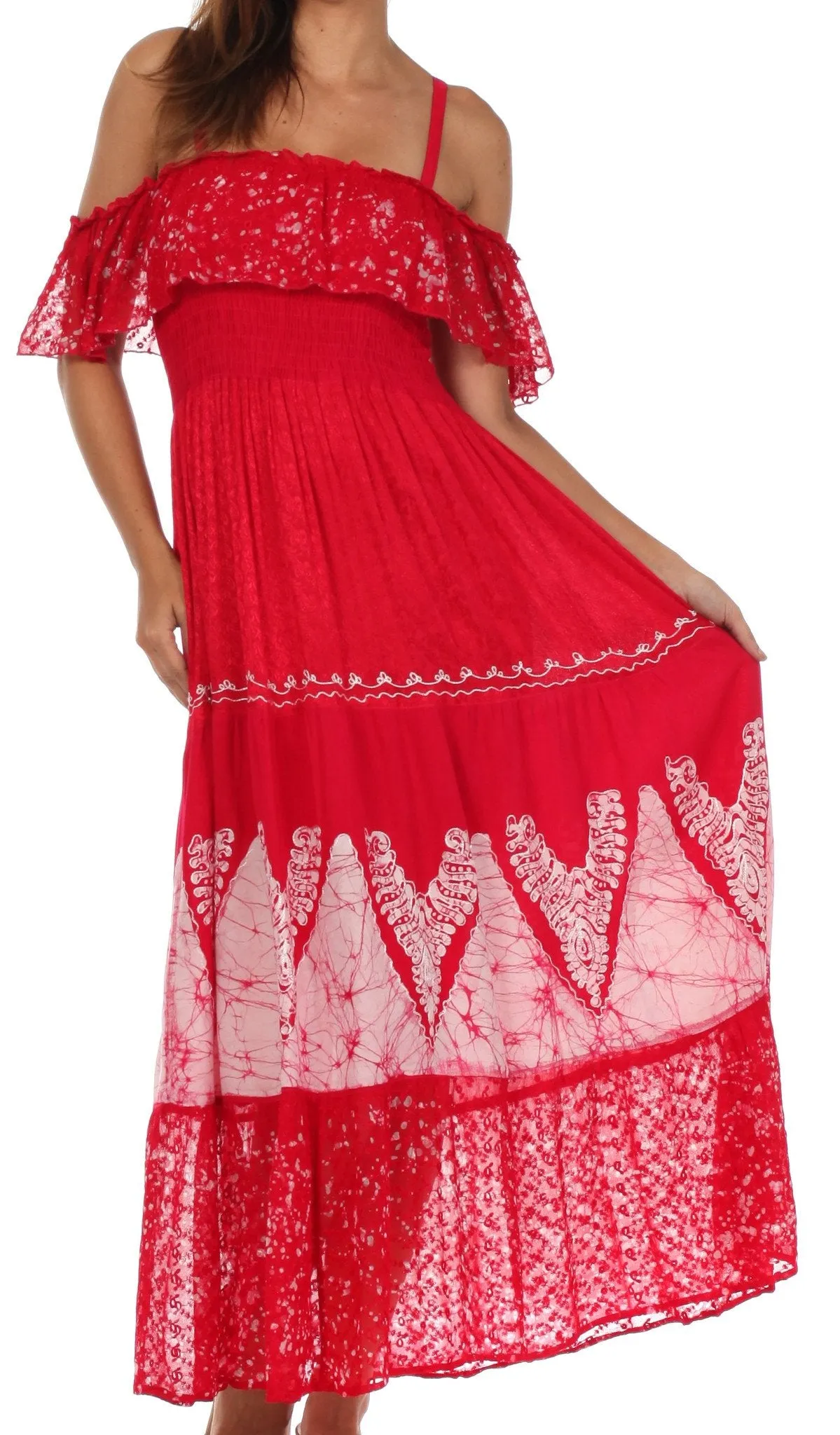 Sakkas Tiva Batik Embroidered Jacquard Off Shoulder Peasant Dress