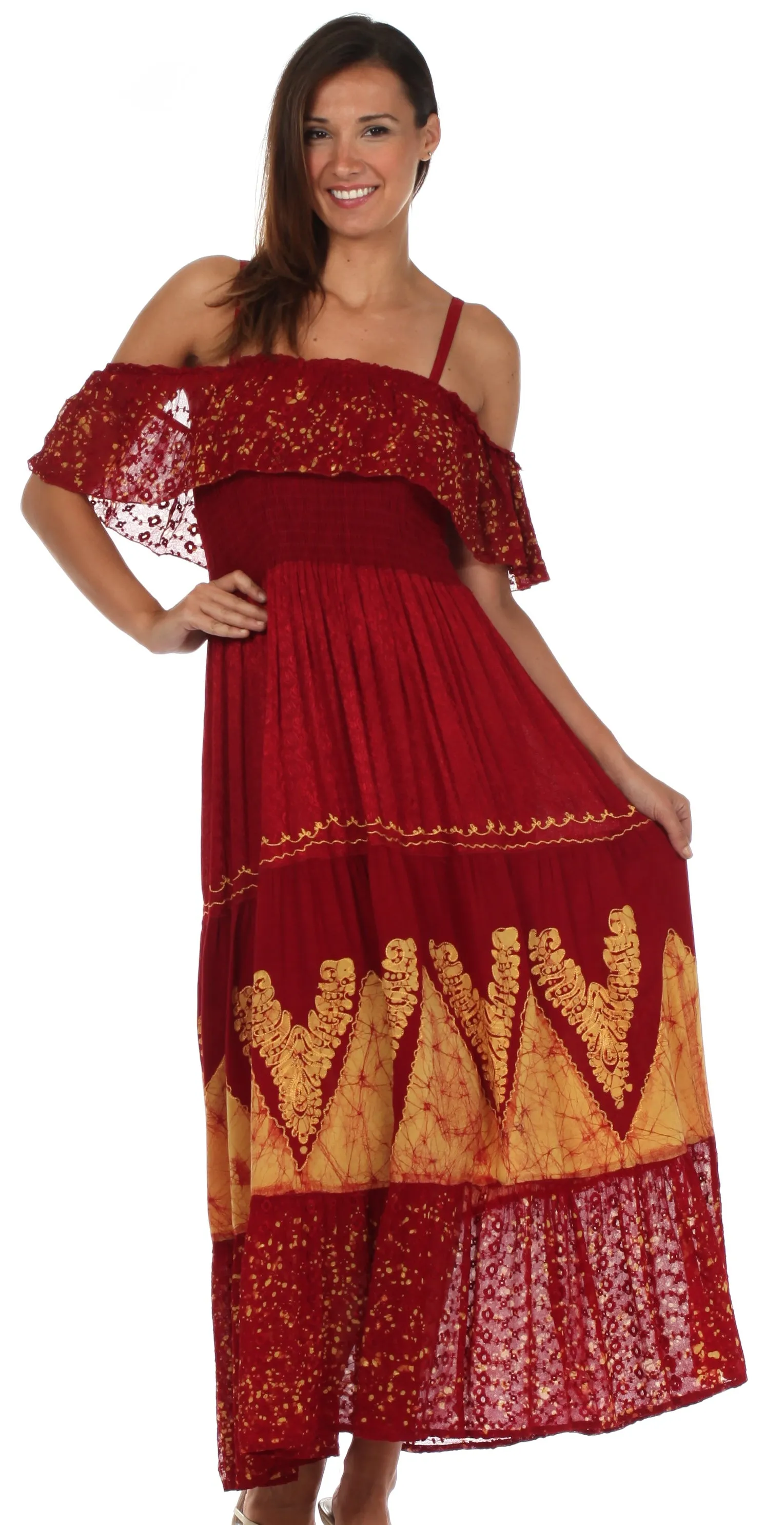 Sakkas Tiva Batik Embroidered Jacquard Off Shoulder Peasant Dress