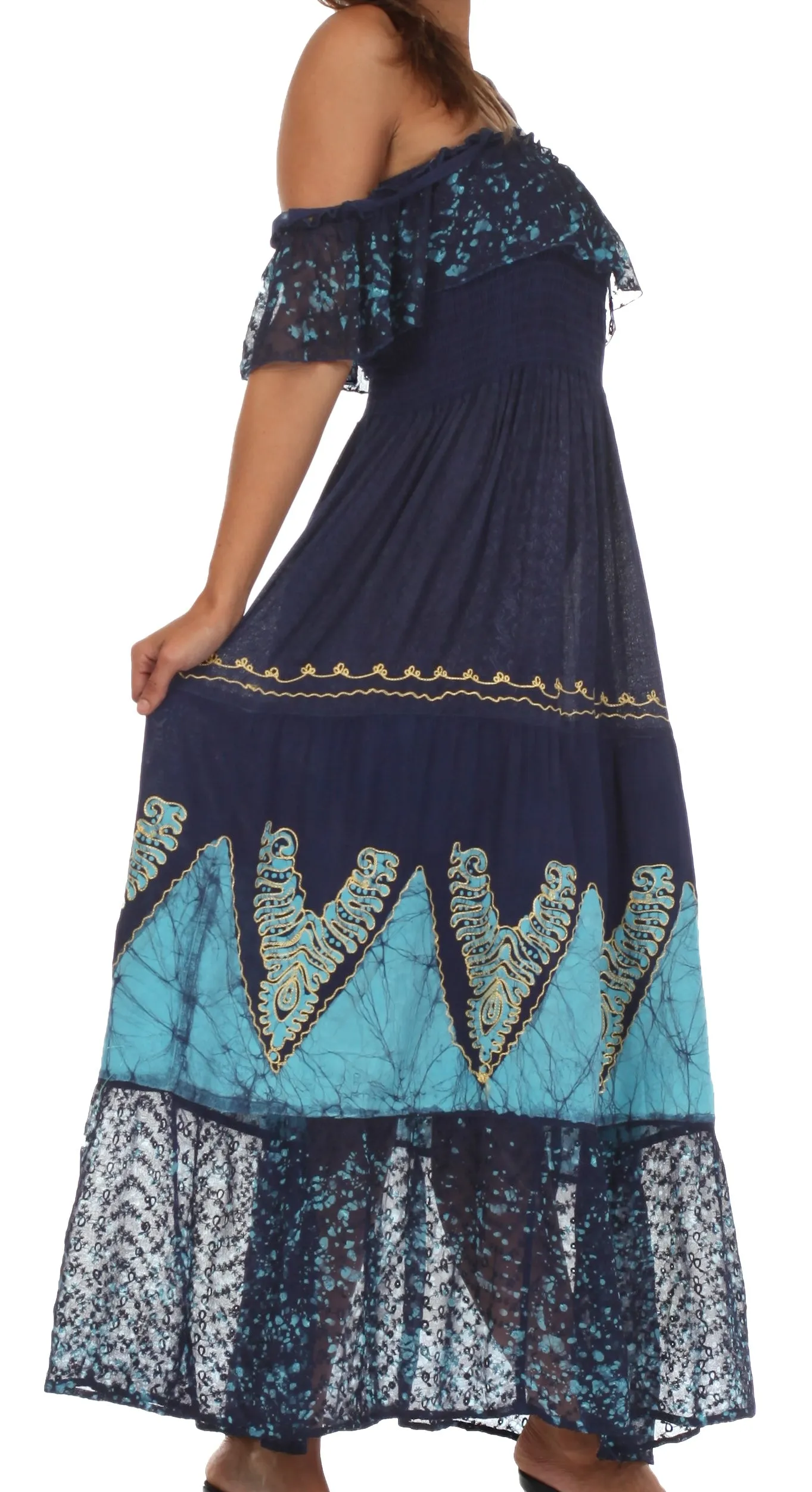 Sakkas Tiva Batik Embroidered Jacquard Off Shoulder Peasant Dress