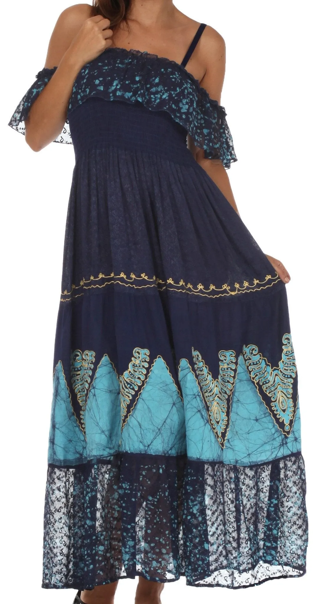 Sakkas Tiva Batik Embroidered Jacquard Off Shoulder Peasant Dress