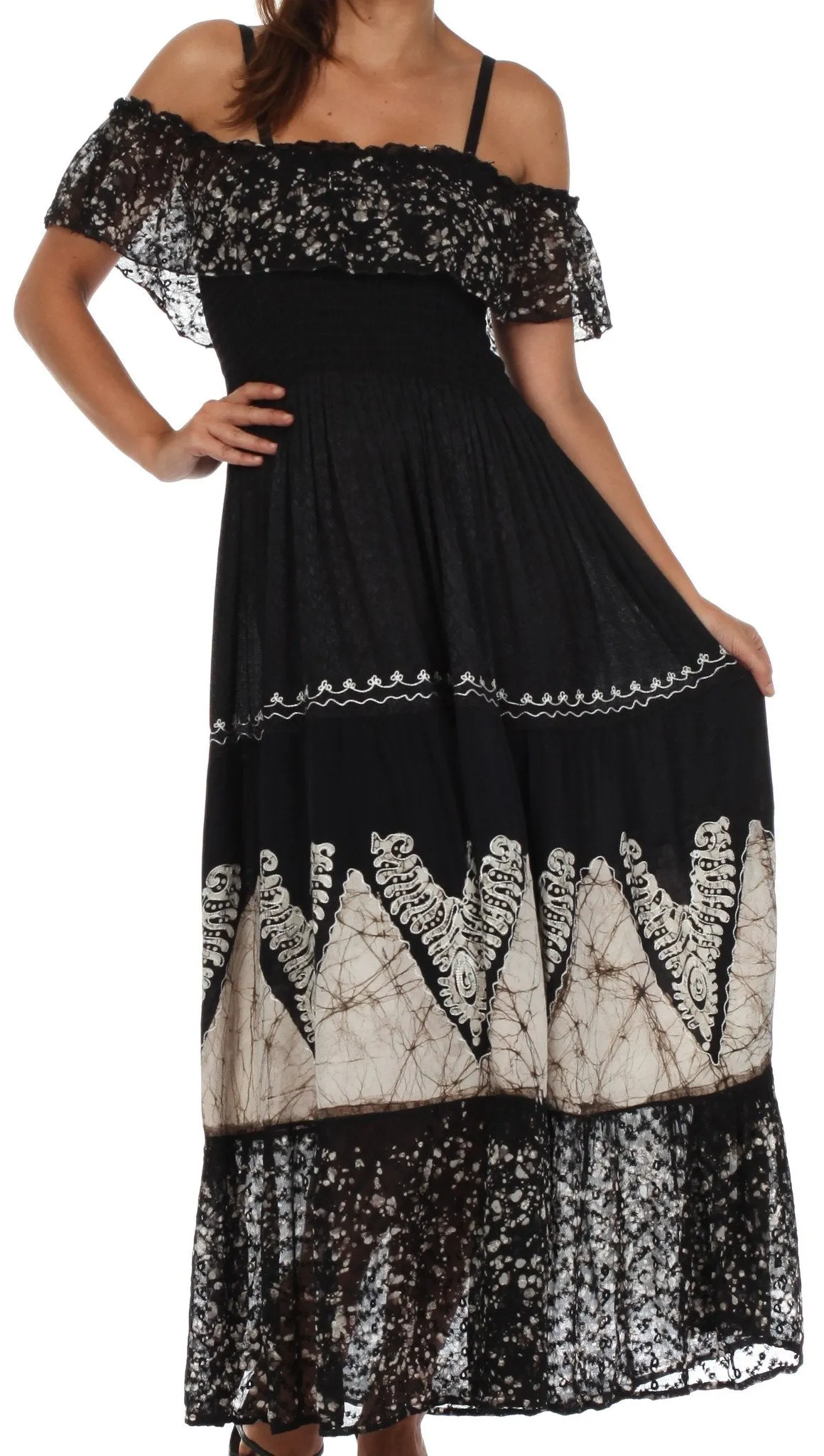 Sakkas Tiva Batik Embroidered Jacquard Off Shoulder Peasant Dress