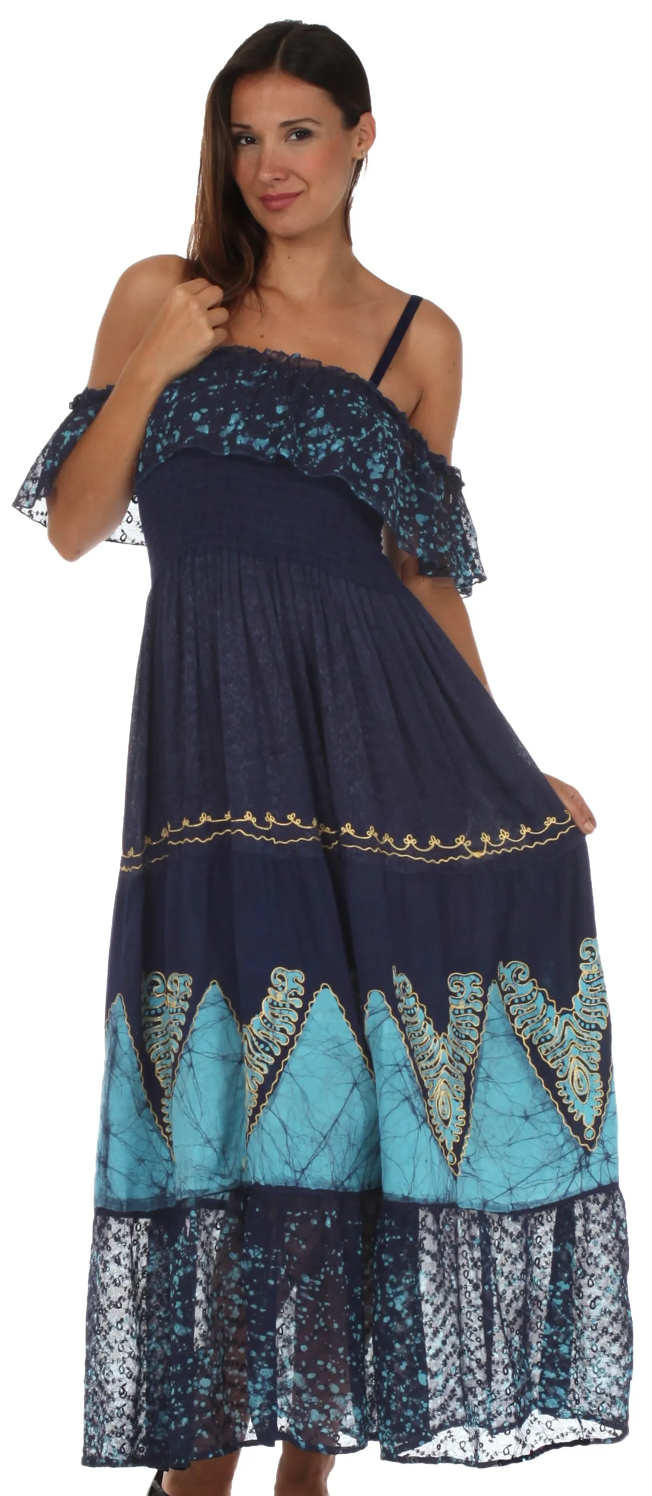 Sakkas Tiva Batik Embroidered Jacquard Off Shoulder Peasant Dress