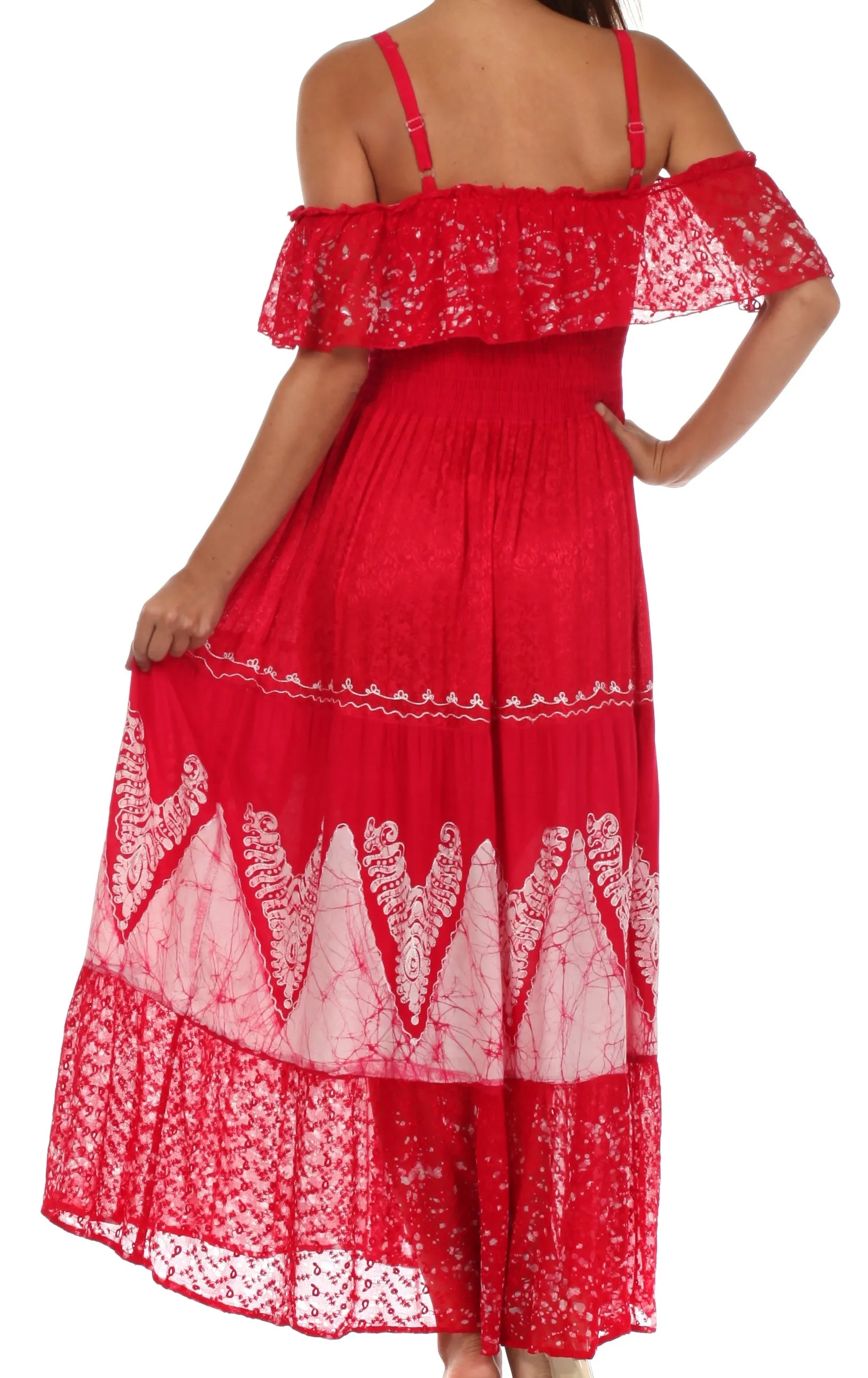 Sakkas Tiva Batik Embroidered Jacquard Off Shoulder Peasant Dress