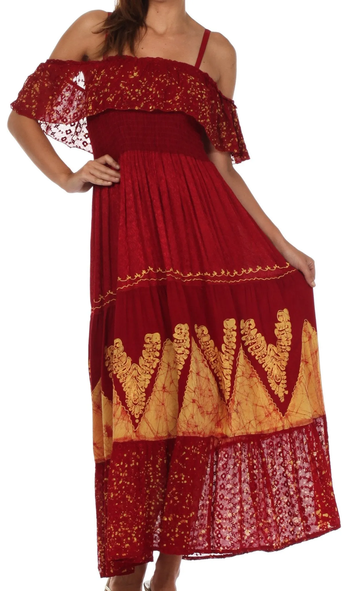 Sakkas Tiva Batik Embroidered Jacquard Off Shoulder Peasant Dress