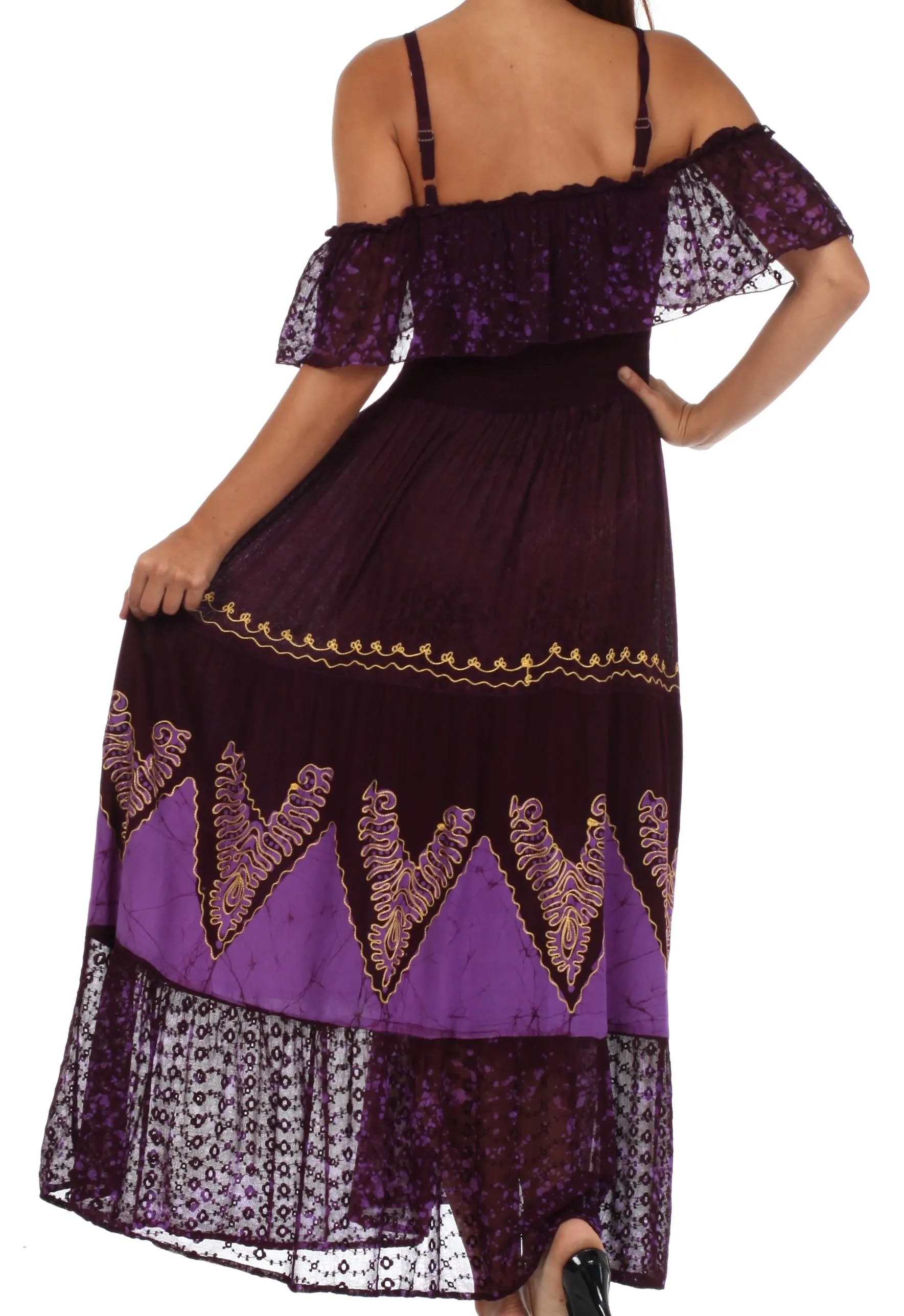 Sakkas Tiva Batik Embroidered Jacquard Off Shoulder Peasant Dress