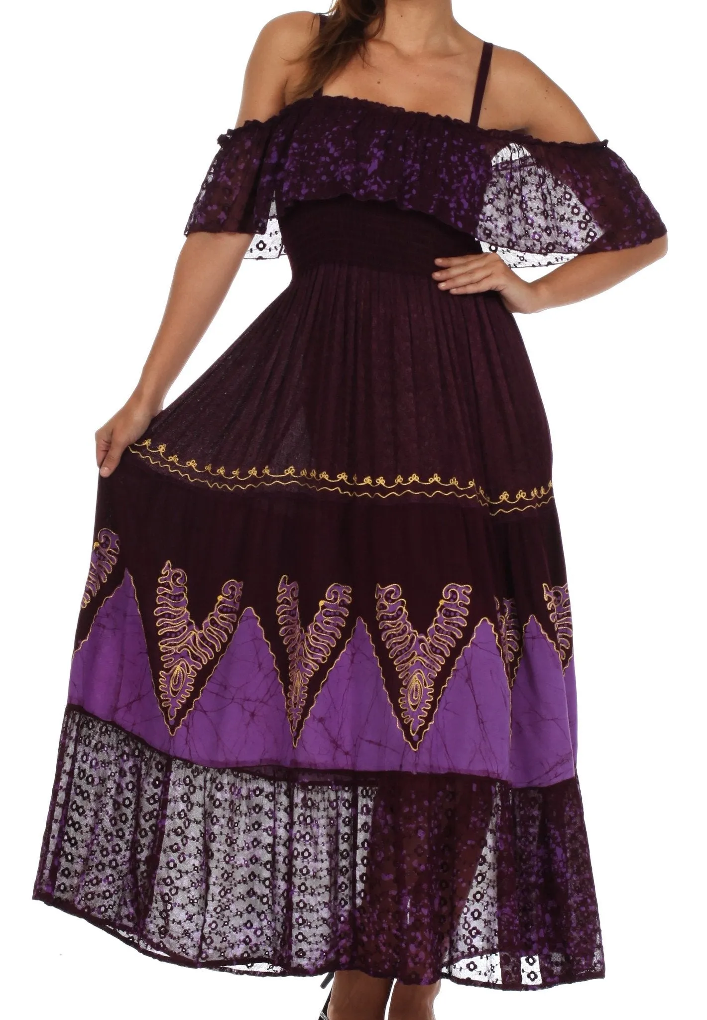 Sakkas Tiva Batik Embroidered Jacquard Off Shoulder Peasant Dress