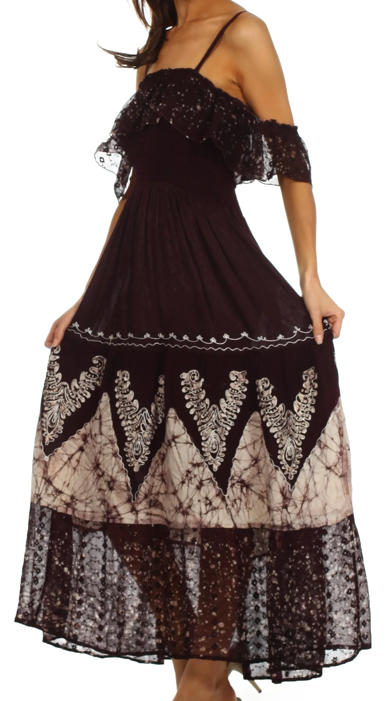 Sakkas Tiva Batik Embroidered Jacquard Off Shoulder Peasant Dress