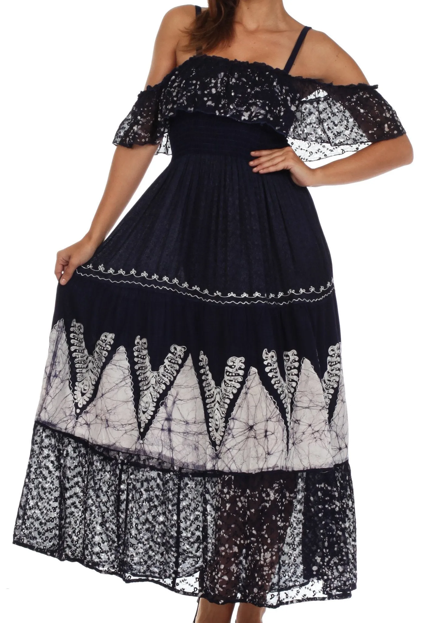 Sakkas Tiva Batik Embroidered Jacquard Off Shoulder Peasant Dress