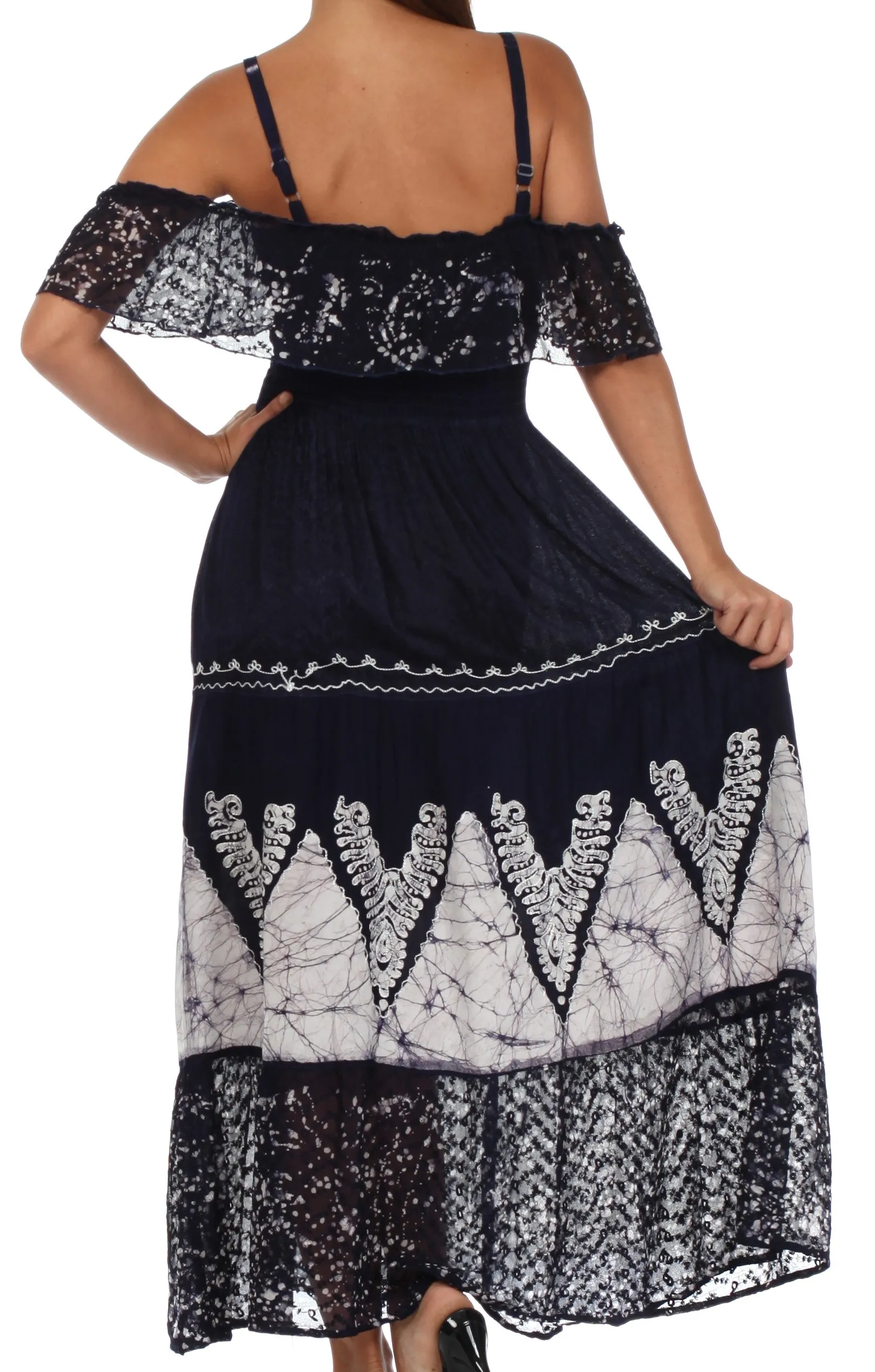 Sakkas Tiva Batik Embroidered Jacquard Off Shoulder Peasant Dress