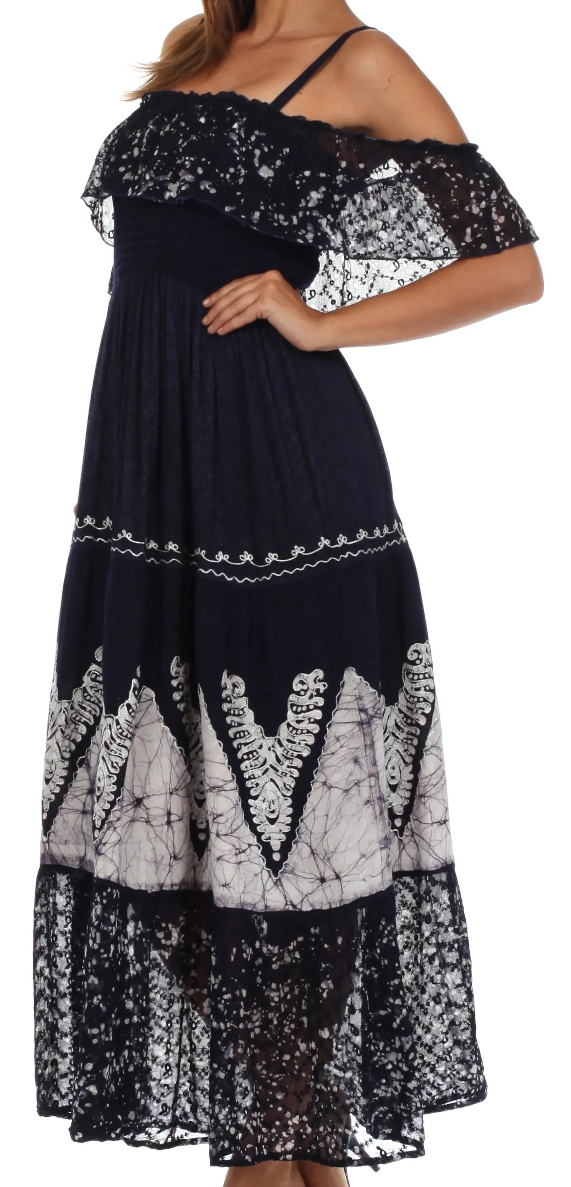 Sakkas Tiva Batik Embroidered Jacquard Off Shoulder Peasant Dress