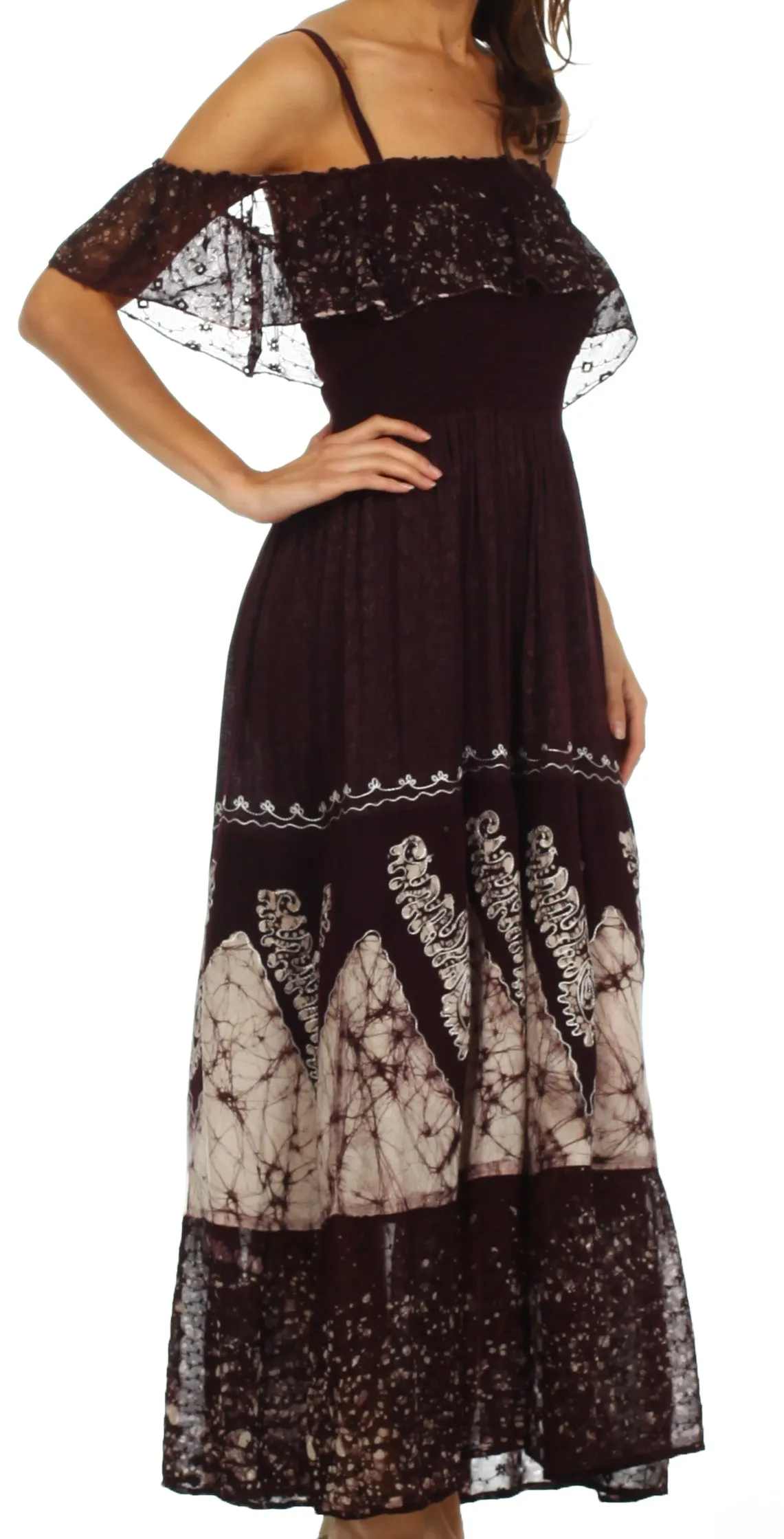 Sakkas Tiva Batik Embroidered Jacquard Off Shoulder Peasant Dress