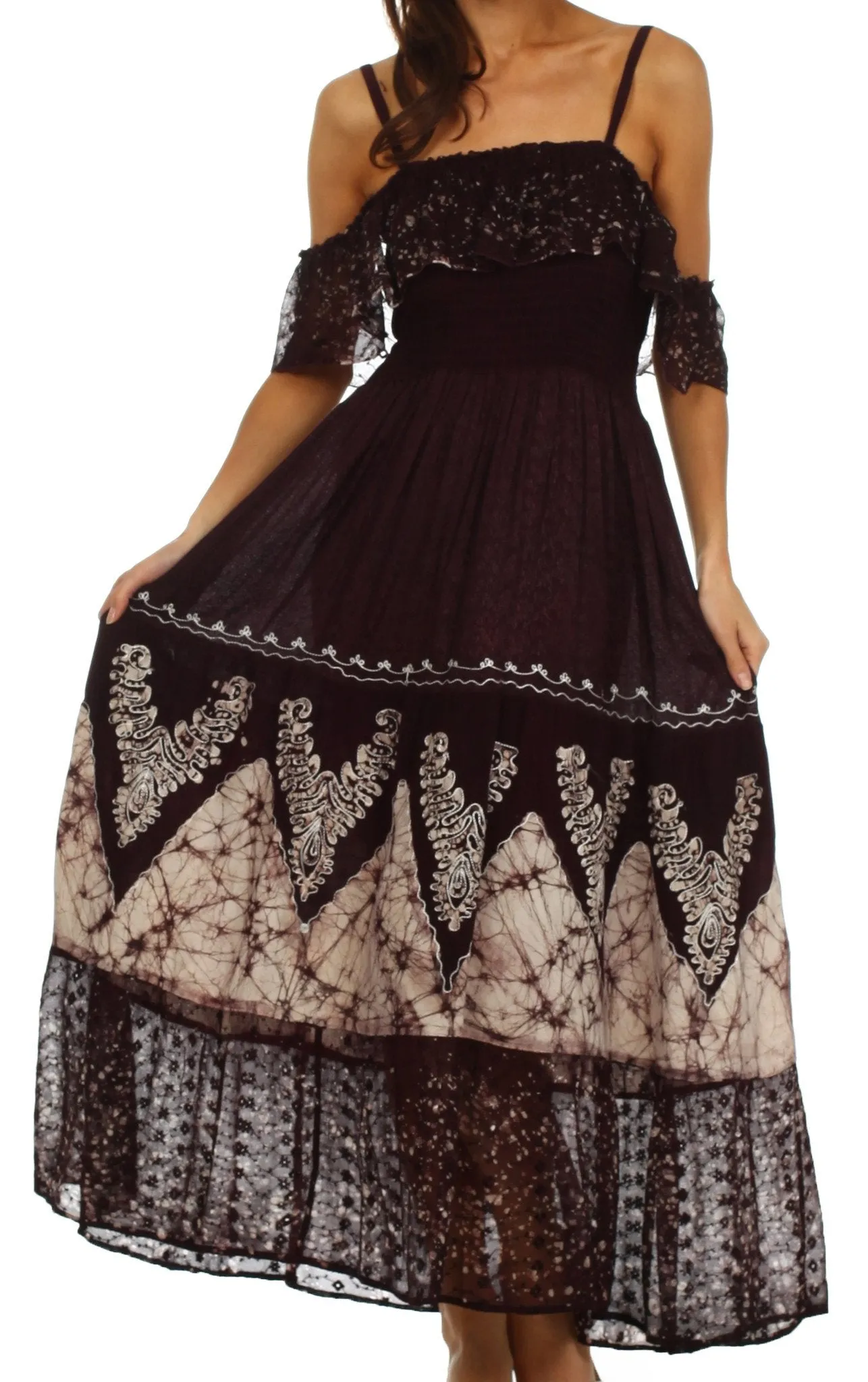 Sakkas Tiva Batik Embroidered Jacquard Off Shoulder Peasant Dress