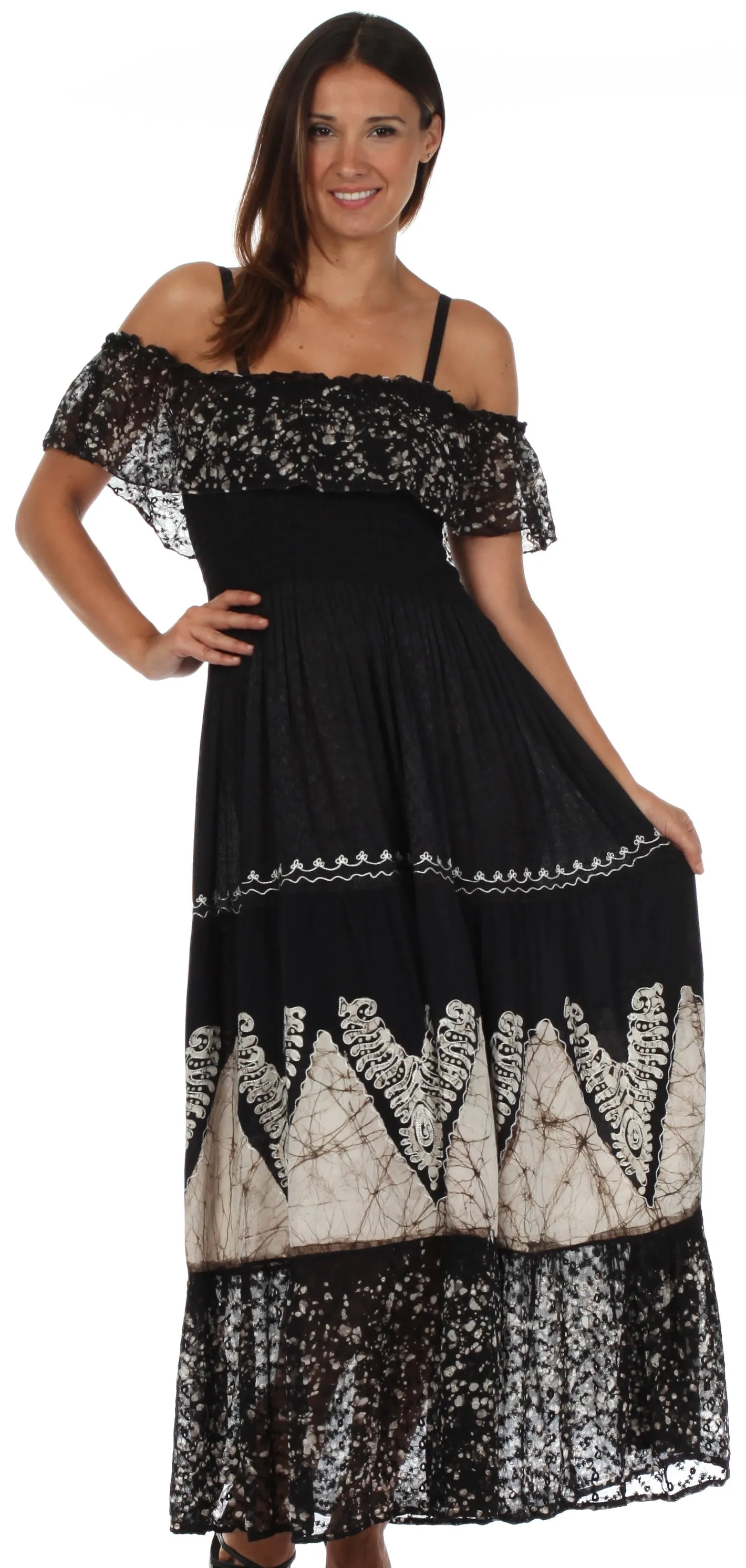 Sakkas Tiva Batik Embroidered Jacquard Off Shoulder Peasant Dress