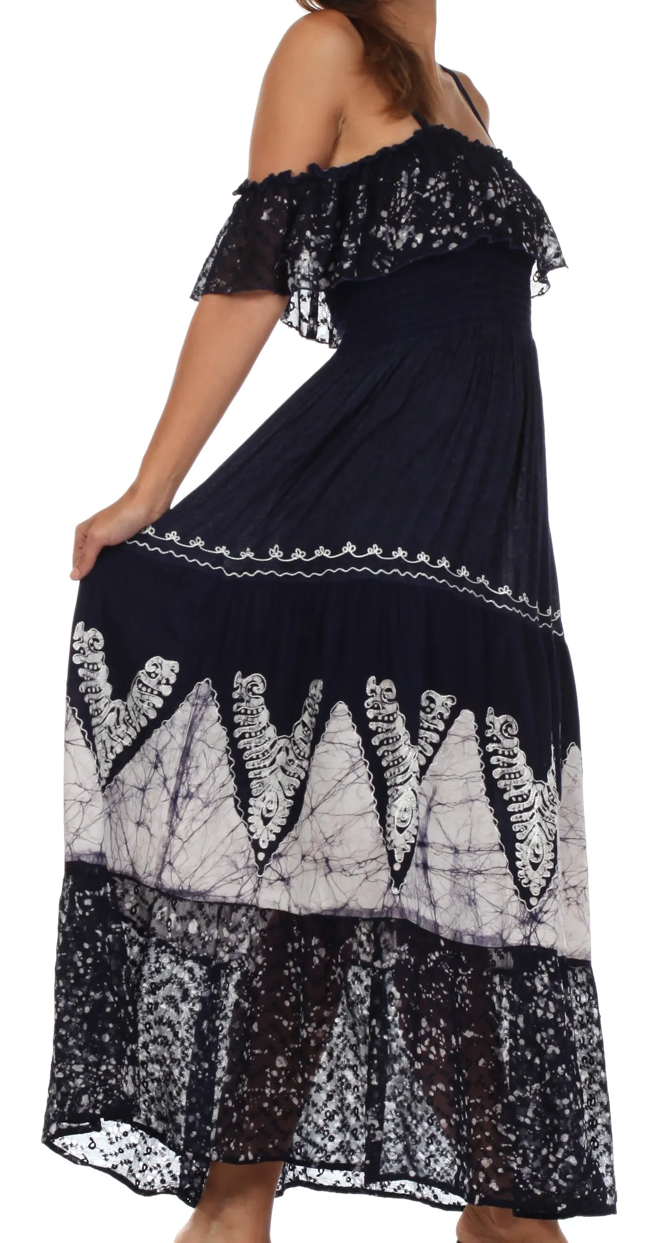 Sakkas Tiva Batik Embroidered Jacquard Off Shoulder Peasant Dress