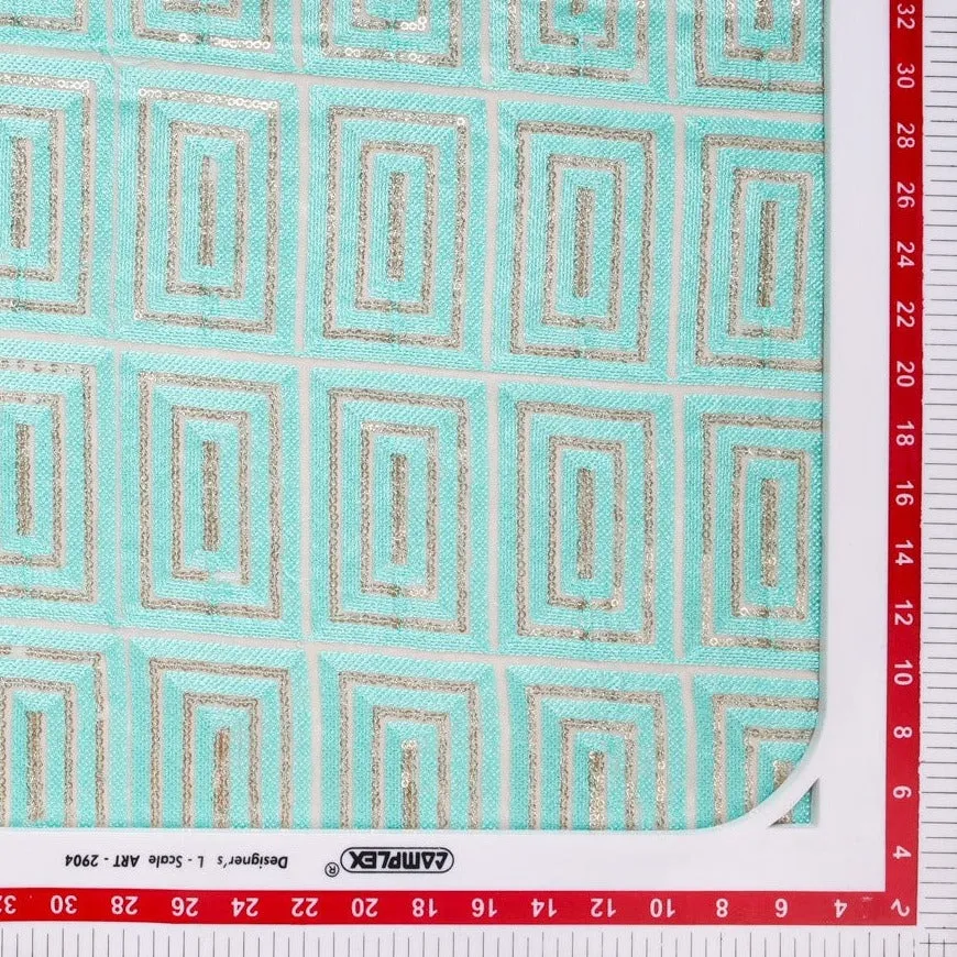 Sea Green Geometrical Embroidery Georgette Fabric