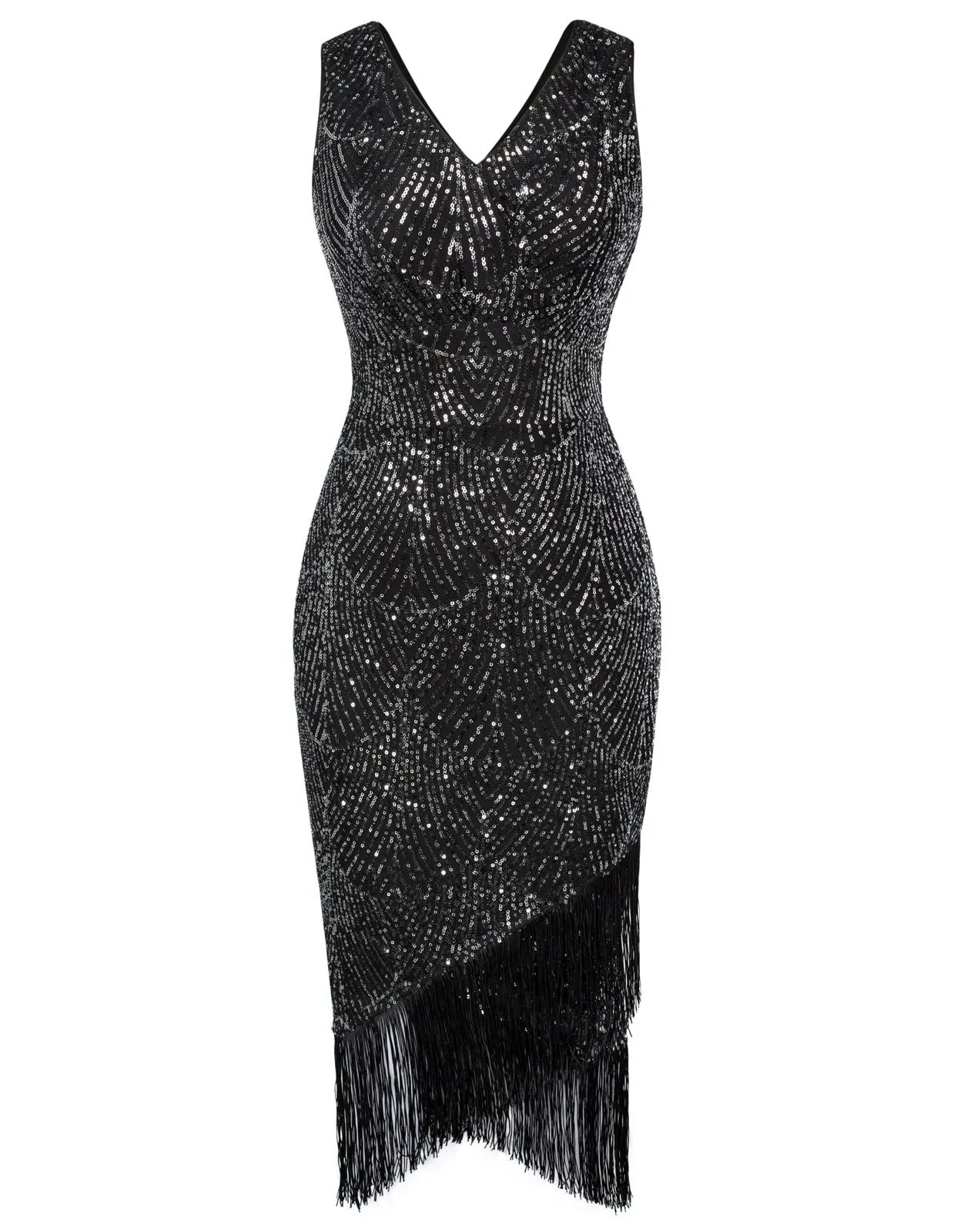 Sequined Party Dress Sleeveless V-Neck Tassel Decorated Wrap Hem Dress