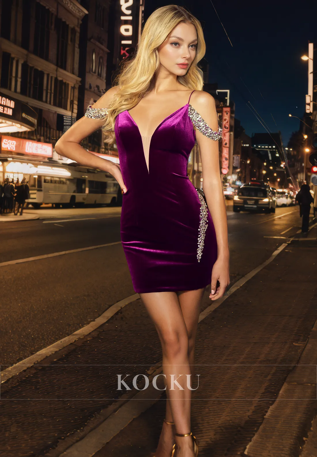 Sexy & Morden Spaghetti Straps V-Neck Rhinestone Party Homecoming Dress