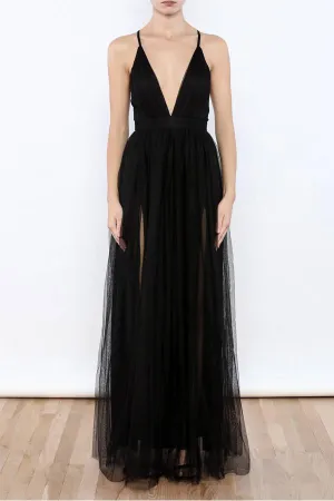 Sexy Black V Neck Side Slit Tulle Evening Gowns Prom Dresses PG367