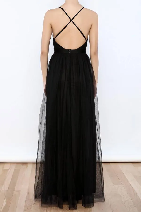 Sexy Black V Neck Side Slit Tulle Evening Gowns Prom Dresses PG367