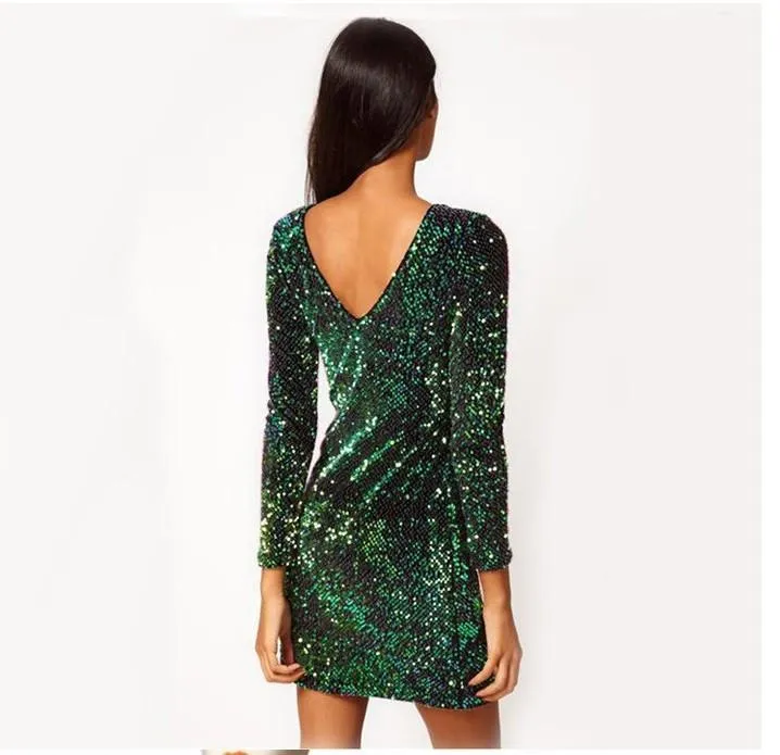 Sexy Sequined Perspective Long Sleeve Bodycon Dress