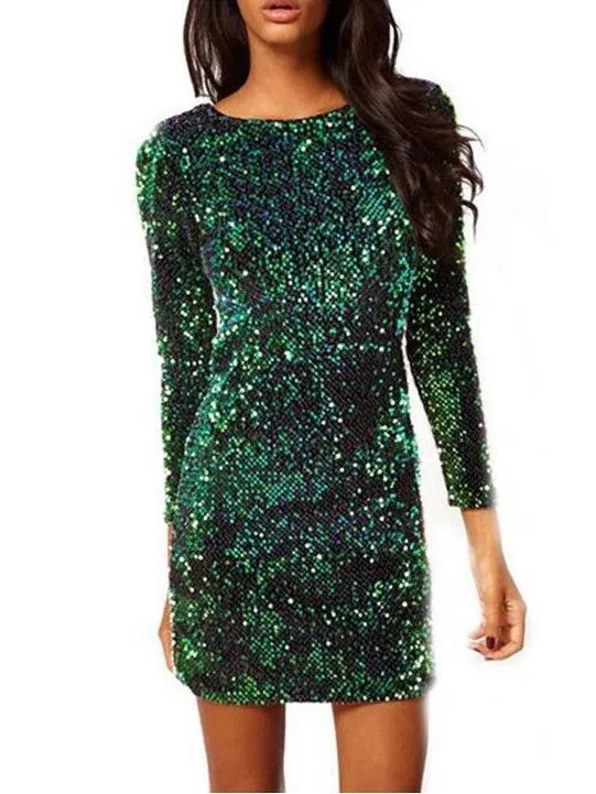 Sexy Sequined Perspective Long Sleeve Bodycon Dress