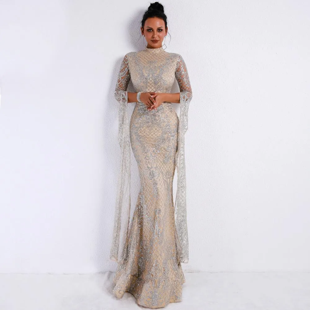 Silver High Collar Long Sleeve Flash Dusting Elegant Red Carpet Maxi Dress