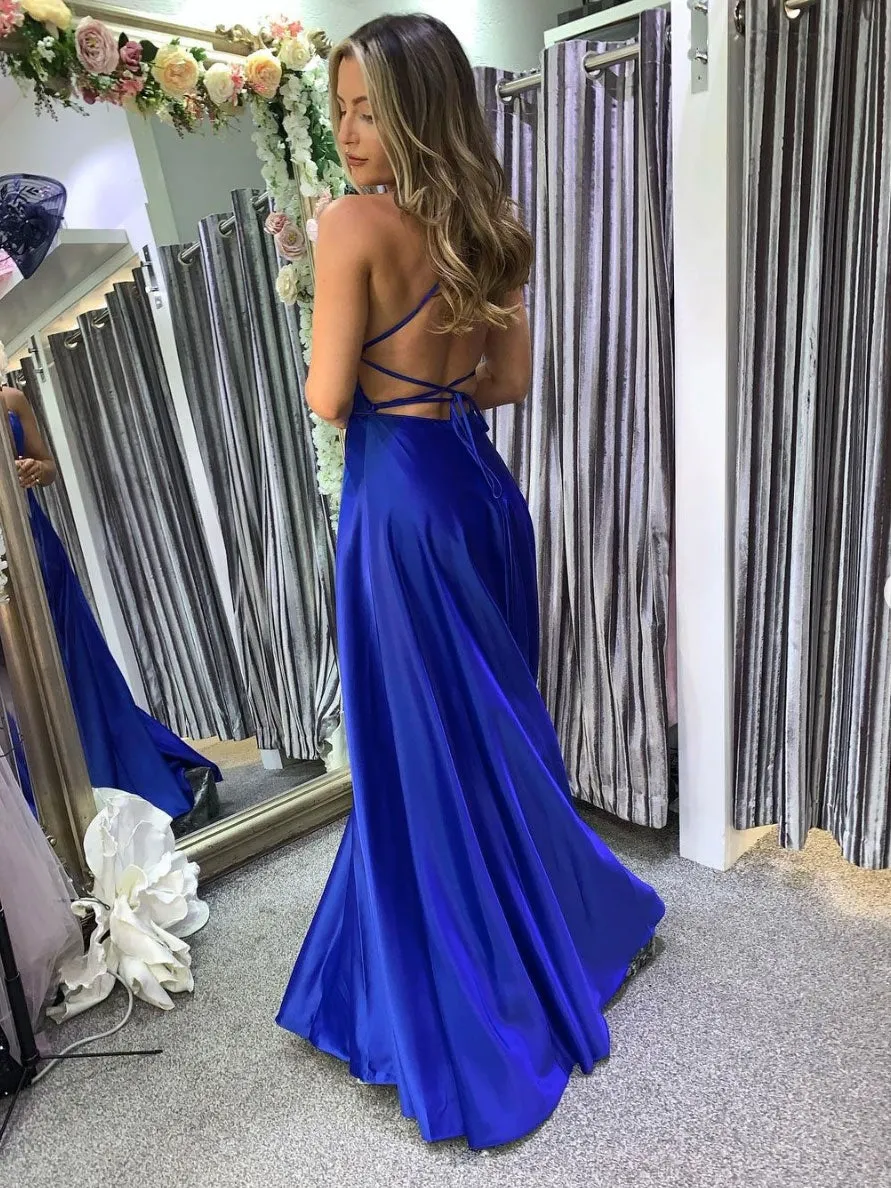 Simple blue satin long prom dress, blue satin evening dress