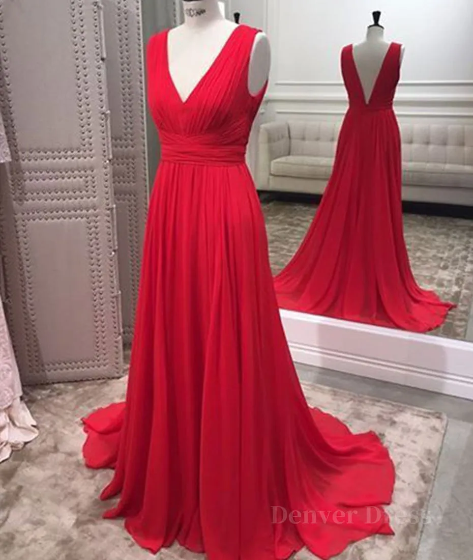 Simple Red V Neck and V Back Chiffon Long Prom Dress V Neck Red Long Evening Dress Red Formal Dress Graduation Dress