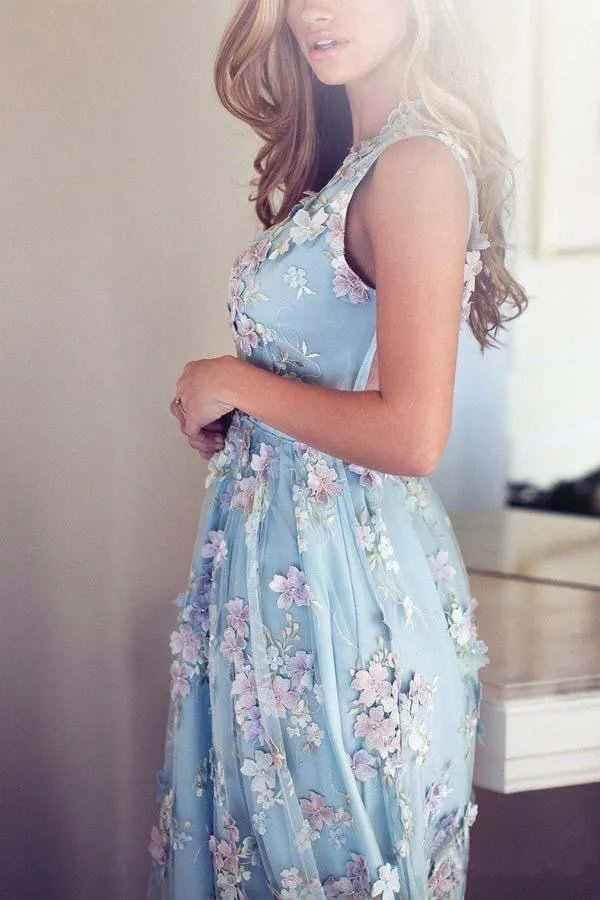 Sky Blue V Neck Prom Dresses Embroidery Formal Dress Evening Gowns PG776