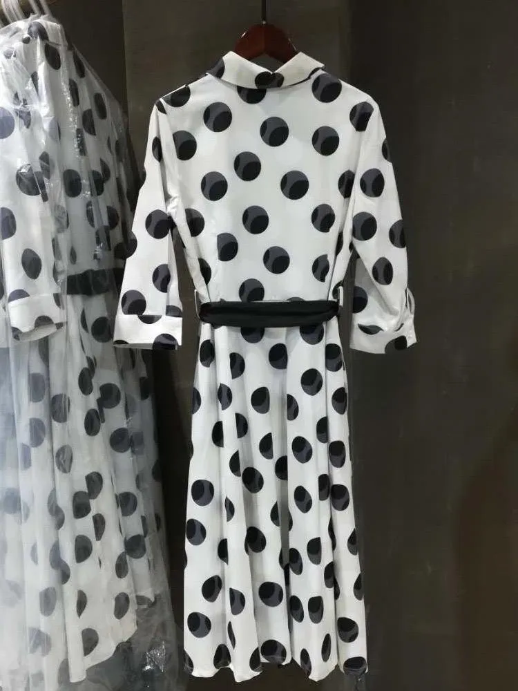 Slim Black And White Dot Long Dress With Big Swing