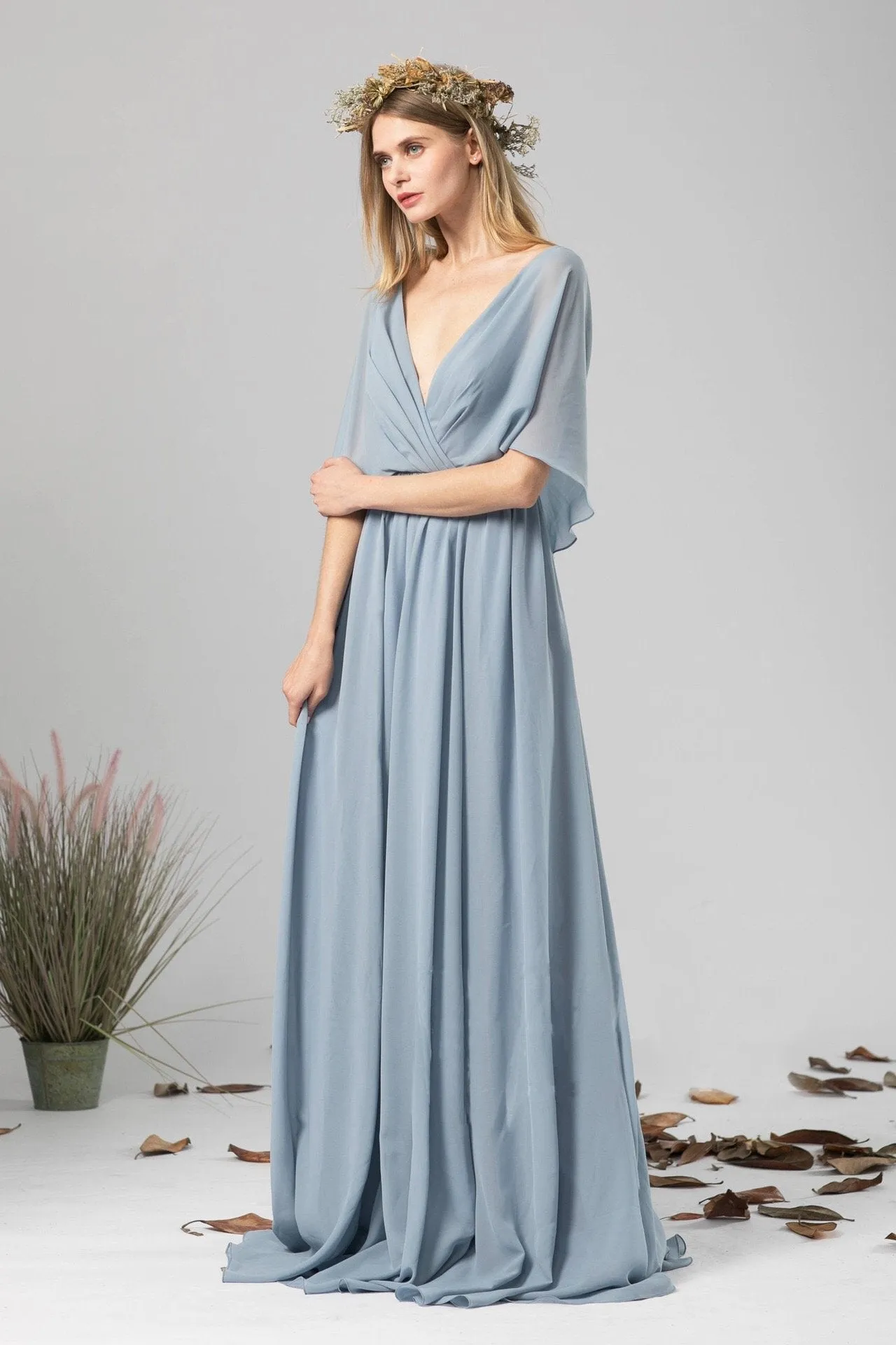 Solid Color Chiffon Dress Deep V-neck Halter Dress Maxi Dress