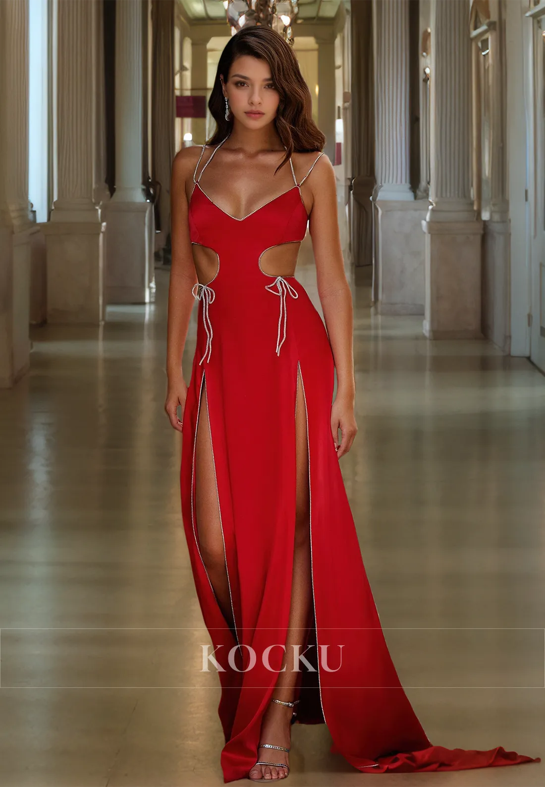 Spaghetti Straps Low V-Neck Sheath Two Slit Train Bows Satin Prom Dress Party Gowns with Cut Outs