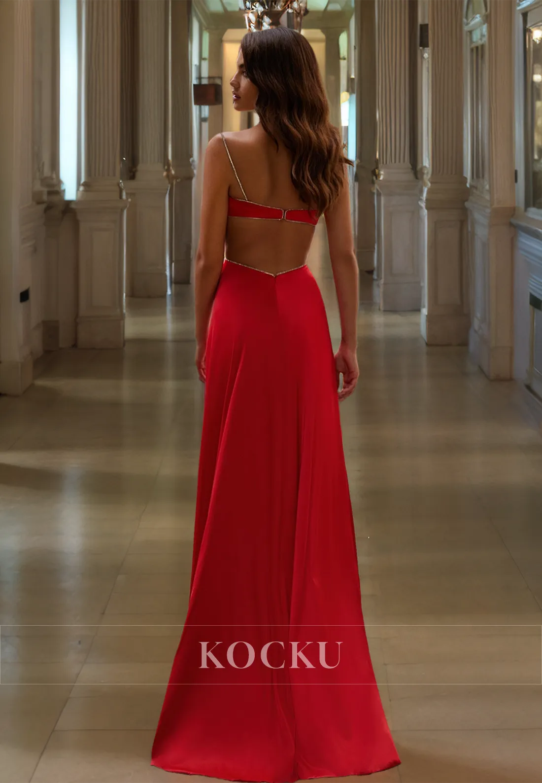 Spaghetti Straps Low V-Neck Sheath Two Slit Train Bows Satin Prom Dress Party Gowns with Cut Outs