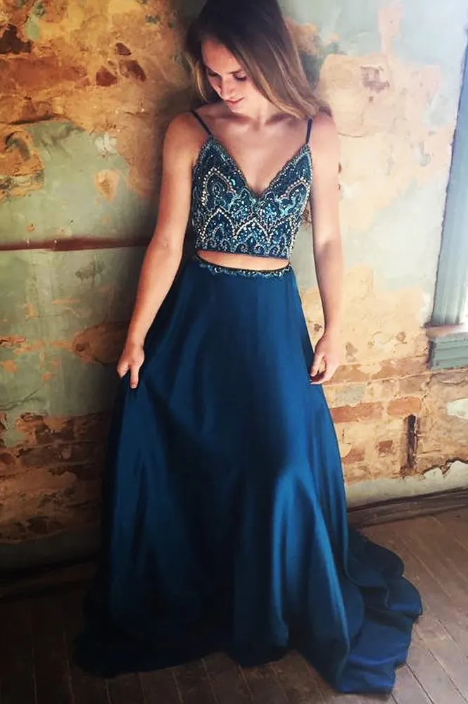 Sparkly Two Piece Sequins Beaded Long A-Line Prom Dress