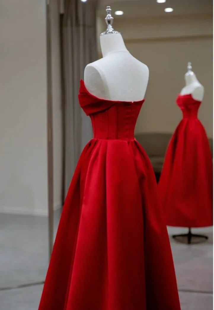 Stylish Red Satin Backless Pleated A Line Evening Gown Prom Dress