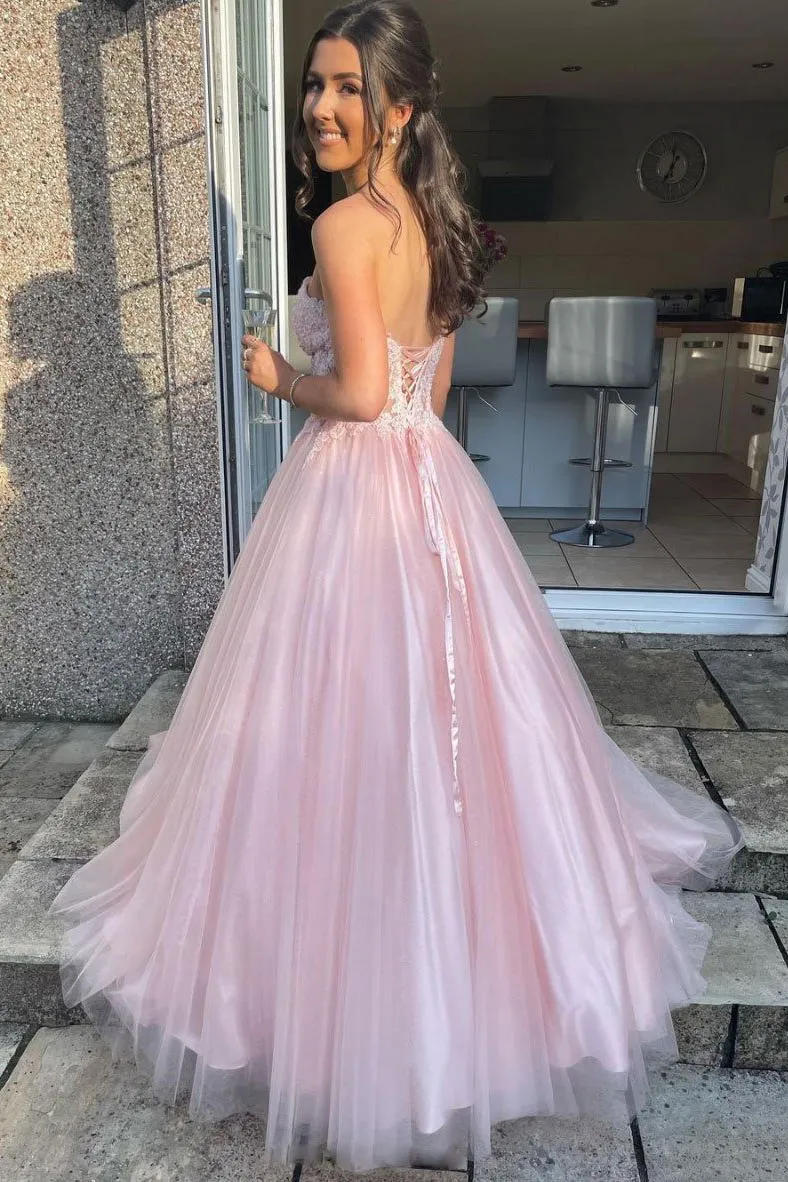 Sweetheart Lace Top Tulle Pink Long Prom Dress, Pink Formal Gown