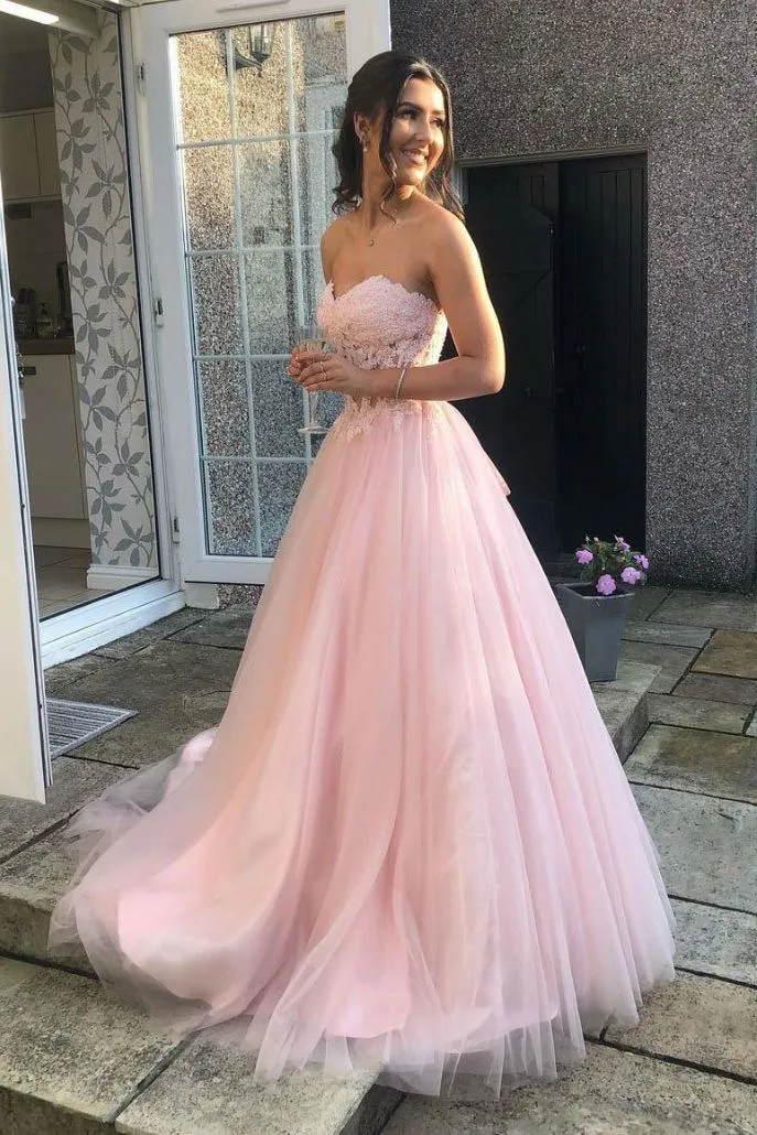 Sweetheart Lace Top Tulle Pink Long Prom Dress, Pink Formal Gown