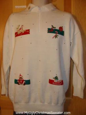 Tacky Cheap Ugly Christmas Sweater with Bear, Reindeer, and Decorations on Front and Back  (f550)