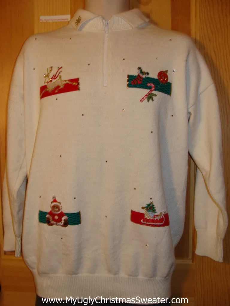 Tacky Cheap Ugly Christmas Sweater with Bear, Reindeer, and Decorations on Front and Back  (f550)