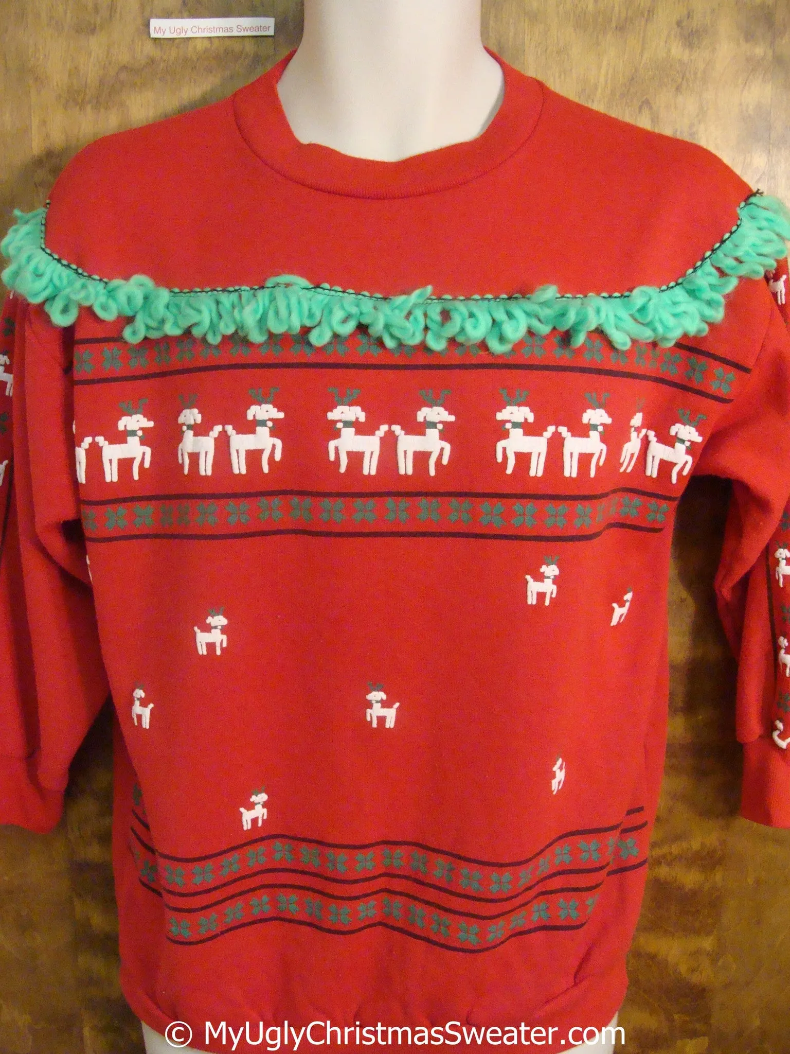 Tacky Christmas Sweatshirt with Reindeer and Green Fluffy Trimming