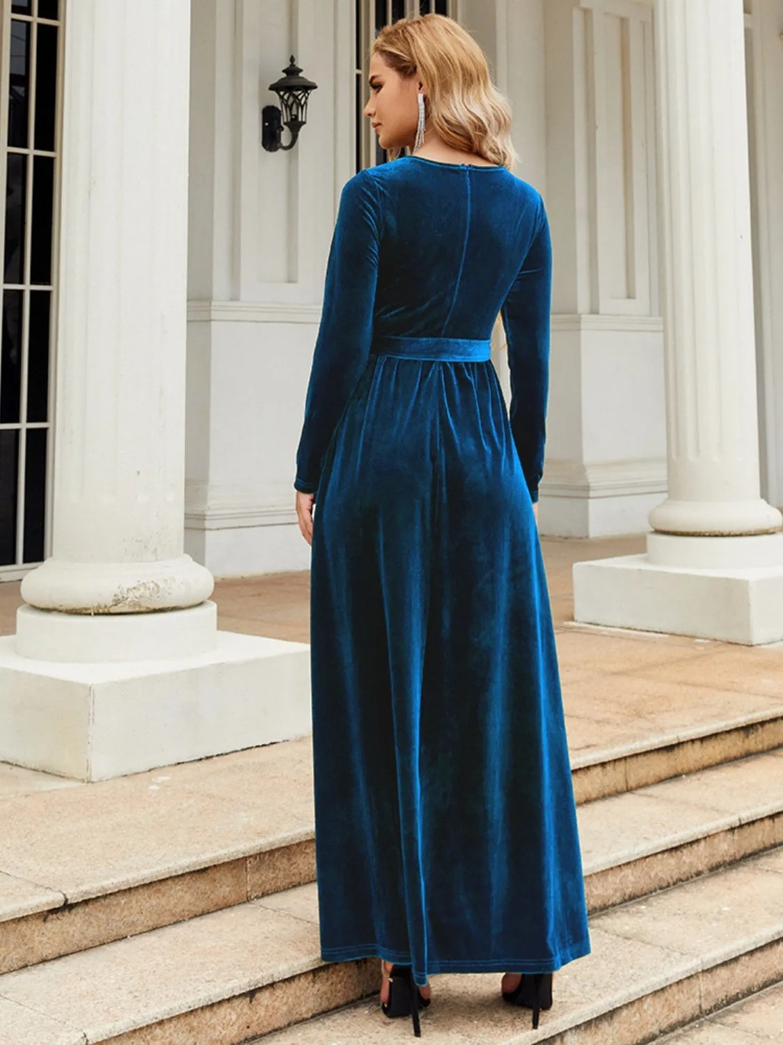 Tie Front Round Neck Long Sleeve Evening Gown