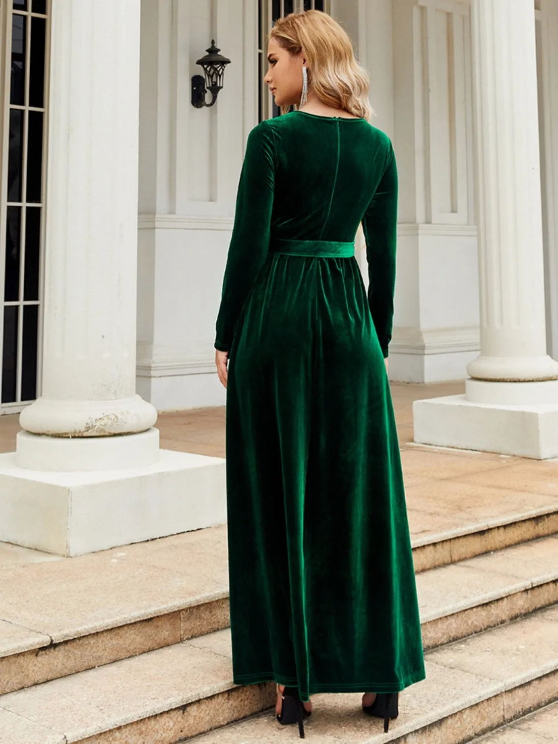 Tie Front Round Neck Long Sleeve Evening Gown